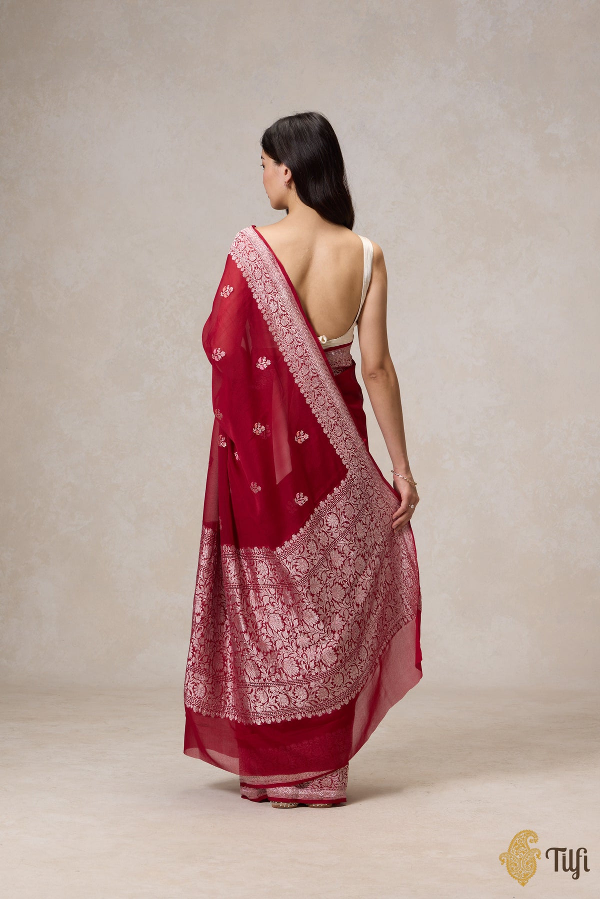 Pre-Order: Deep Red Pure Khaddi Georgette Banarasi Handloom Saree