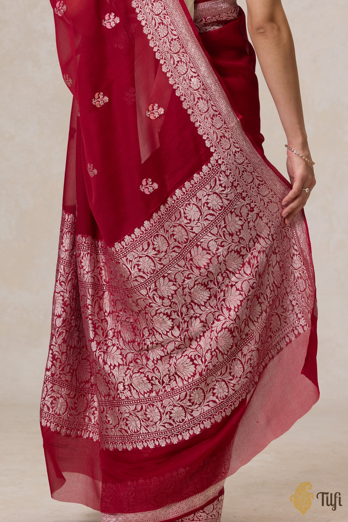 Pre-Order: Deep Red Pure Khaddi Georgette Banarasi Handloom Saree