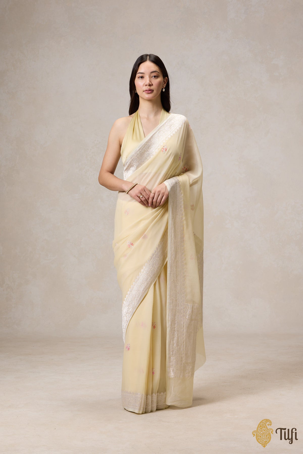 Pastel Yellow Pure Khaddi Georgette Banarasi Handloom Saree