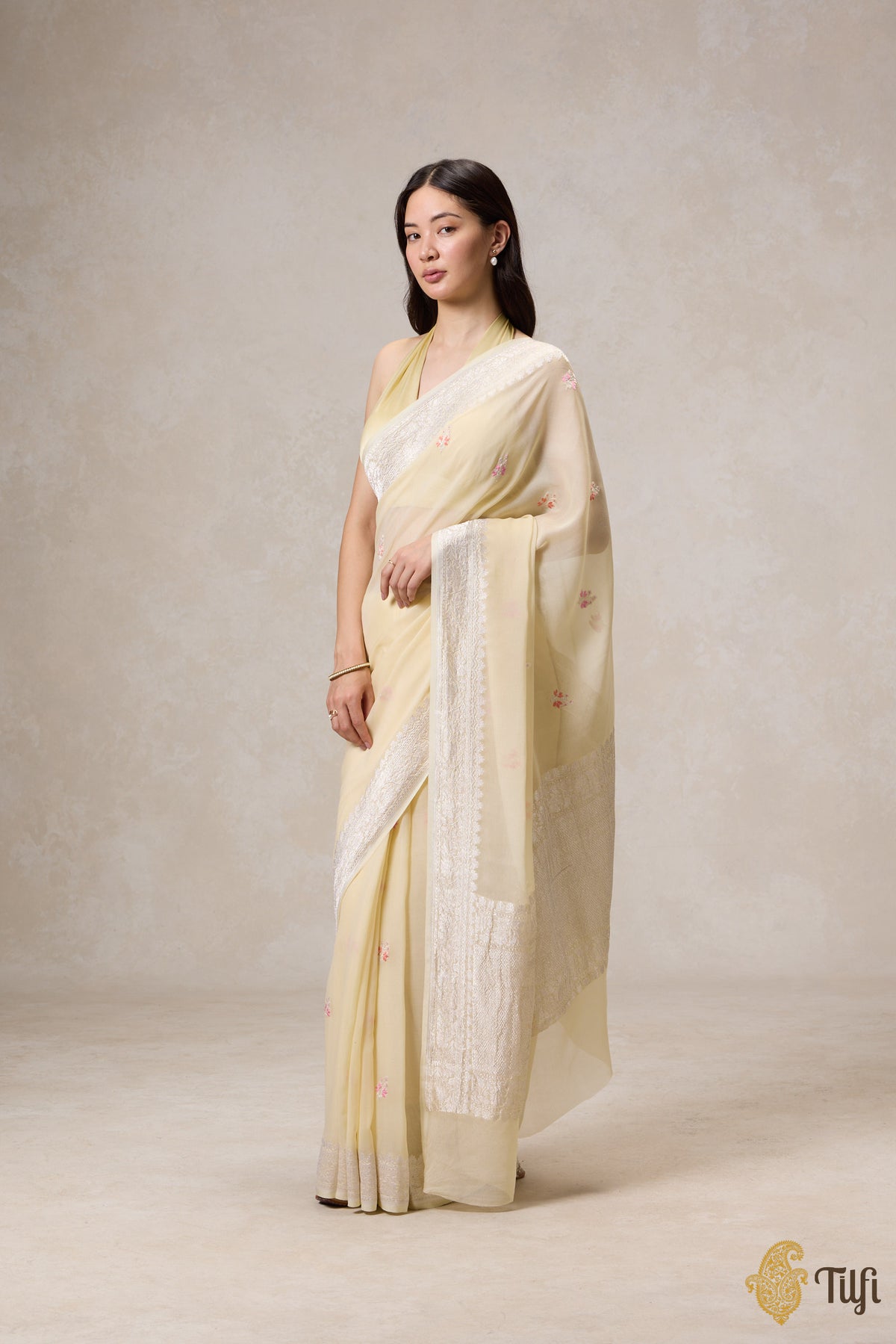 Pastel Yellow Pure Khaddi Georgette Banarasi Handloom Saree