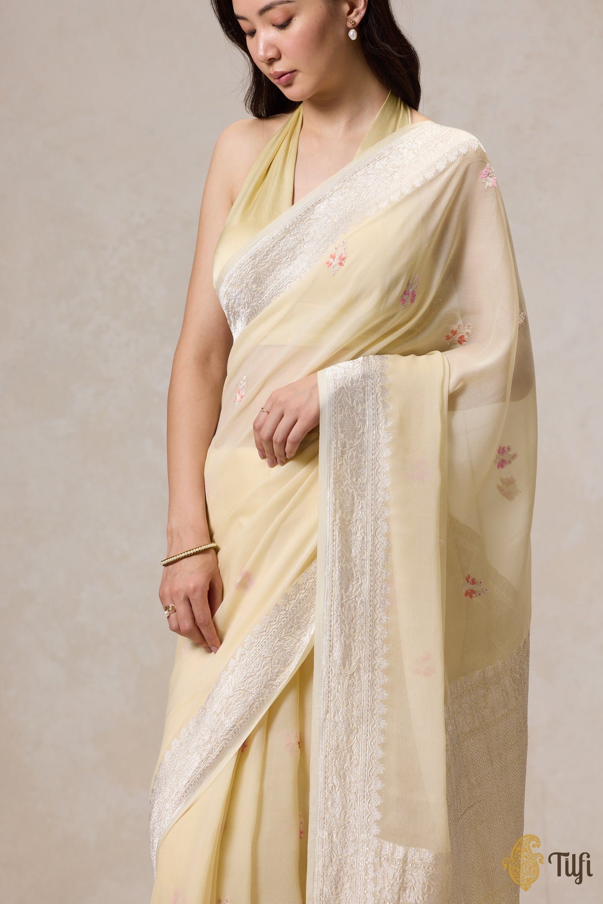 Pastel Yellow Pure Khaddi Georgette Banarasi Handloom Saree