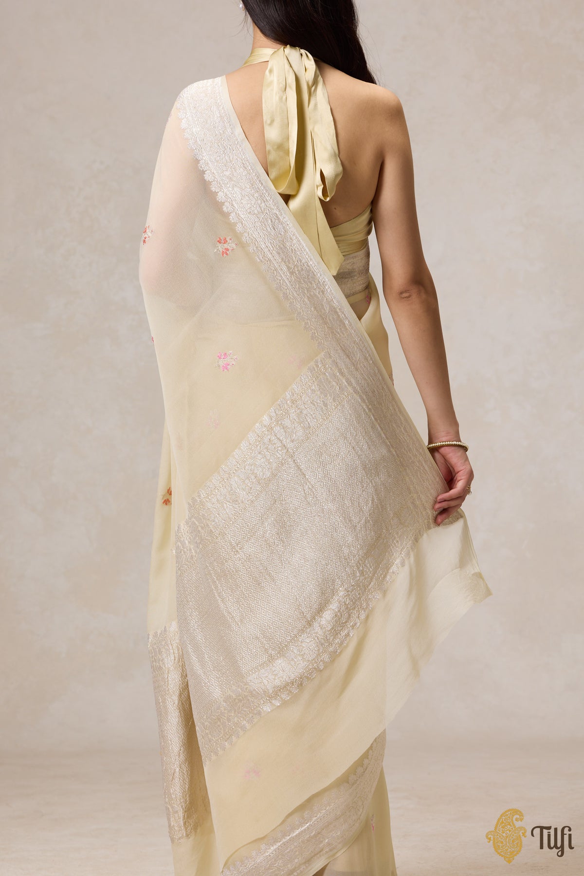 Pastel Yellow Pure Khaddi Georgette Banarasi Handloom Saree