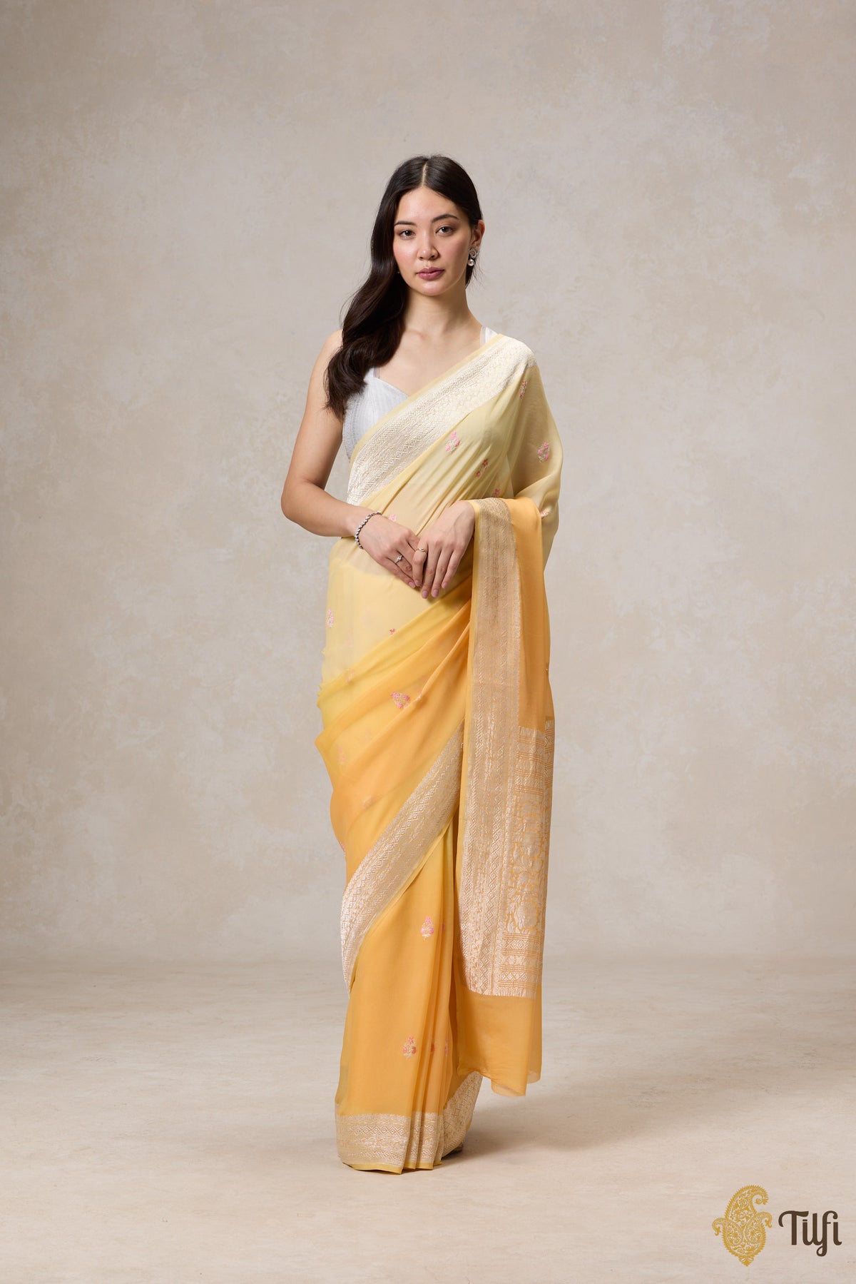 Yellow Ombre Pure Khaddi Georgette Banarasi Handloom Saree