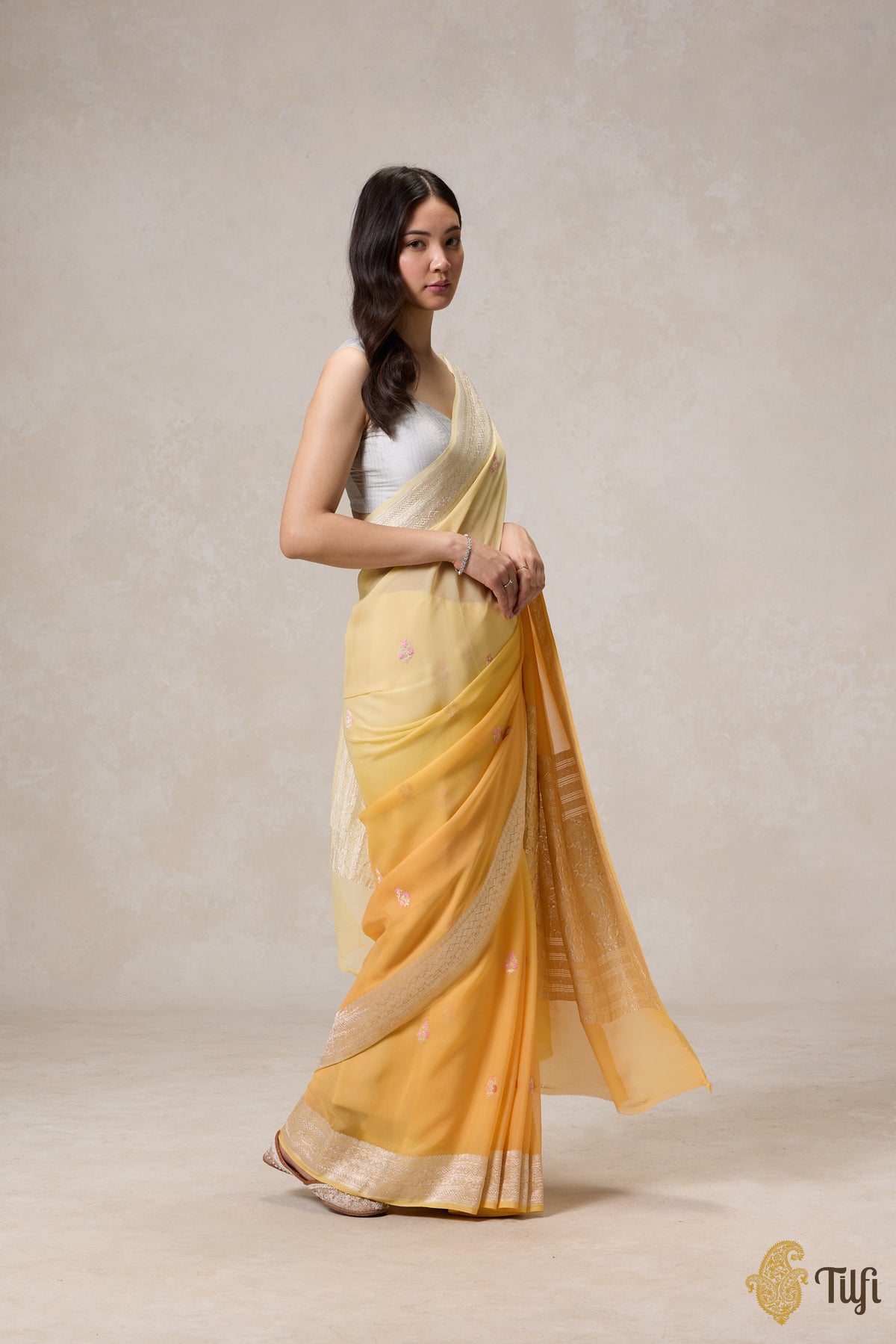 Yellow Ombre Pure Khaddi Georgette Banarasi Handloom Saree