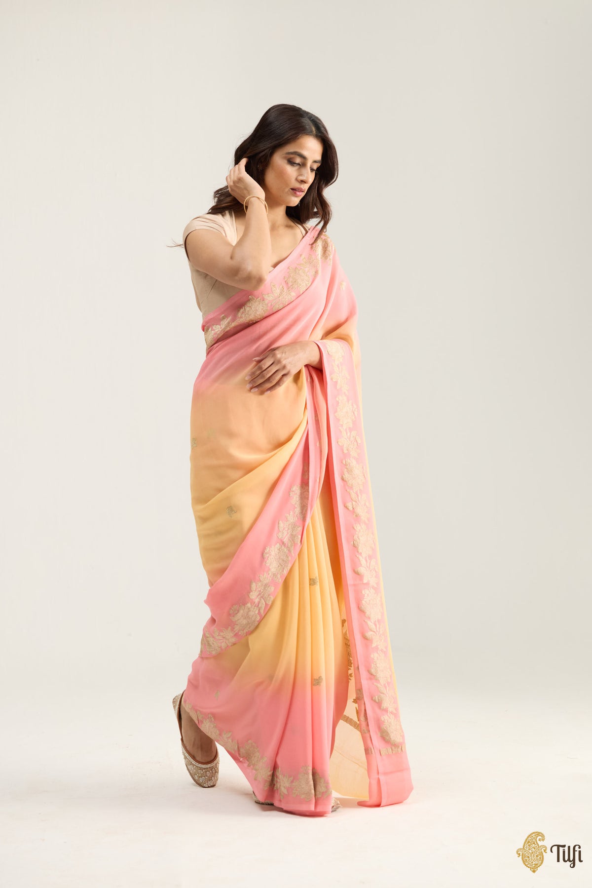 'Meadow' Apricot Peach and Pink Ombré Pure Khaddi Georgette Banarasi Handloom Saree