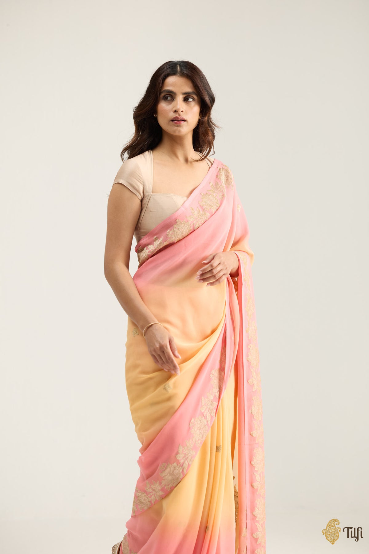 'Meadow' Apricot Peach and Pink Ombré Pure Khaddi Georgette Banarasi Handloom Saree