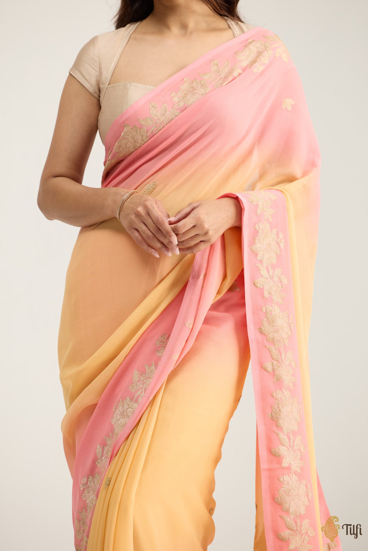 'Meadow' Apricot Peach and Pink Ombré Pure Khaddi Georgette Banarasi Handloom Saree
