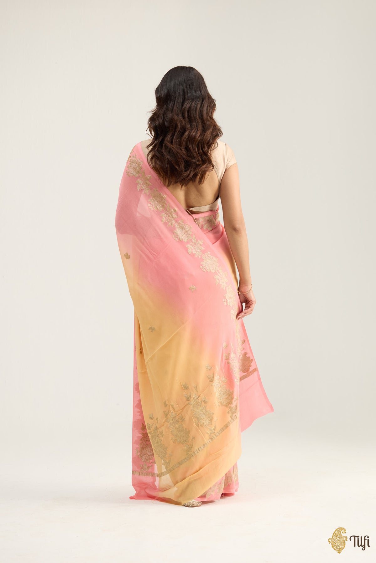 'Meadow' Apricot Peach and Pink Ombré Pure Khaddi Georgette Banarasi Handloom Saree