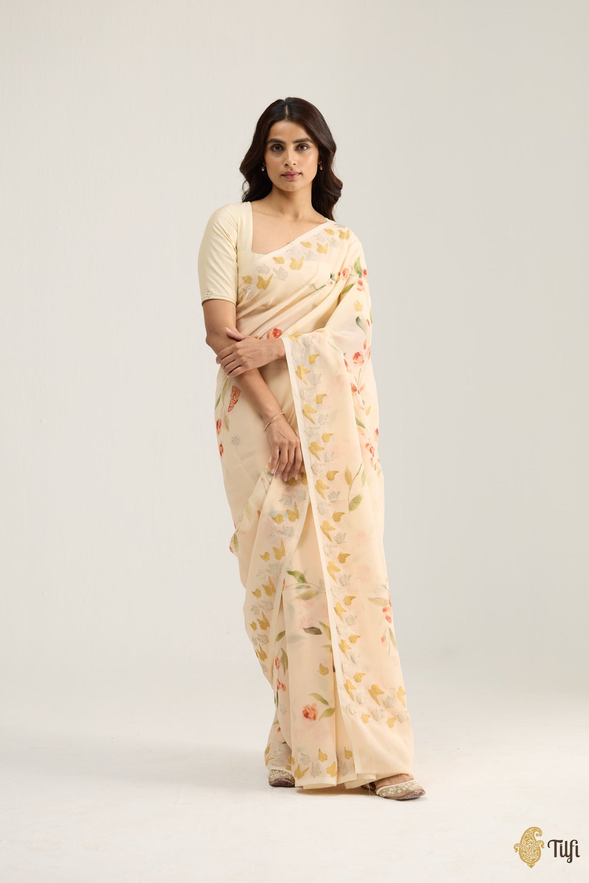 'Painted Lady' Pastel Yellow Pure Khaddi Georgette Handpainted Banarasi Handloom Saree