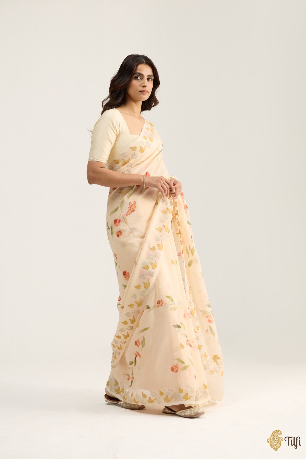 'Painted Lady' Pastel Yellow Pure Khaddi Georgette Handpainted Banarasi Handloom Saree