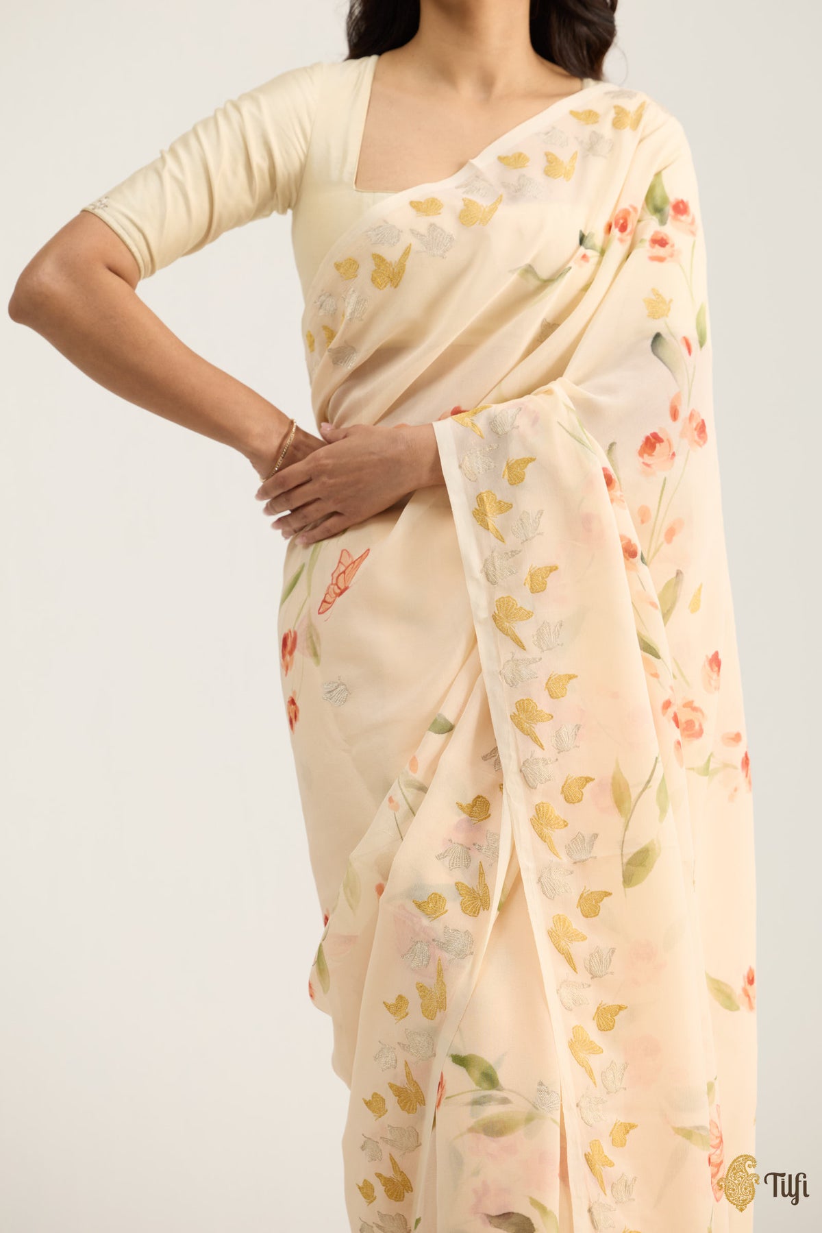 'Painted Lady' Pastel Yellow Pure Khaddi Georgette Handpainted Banarasi Handloom Saree