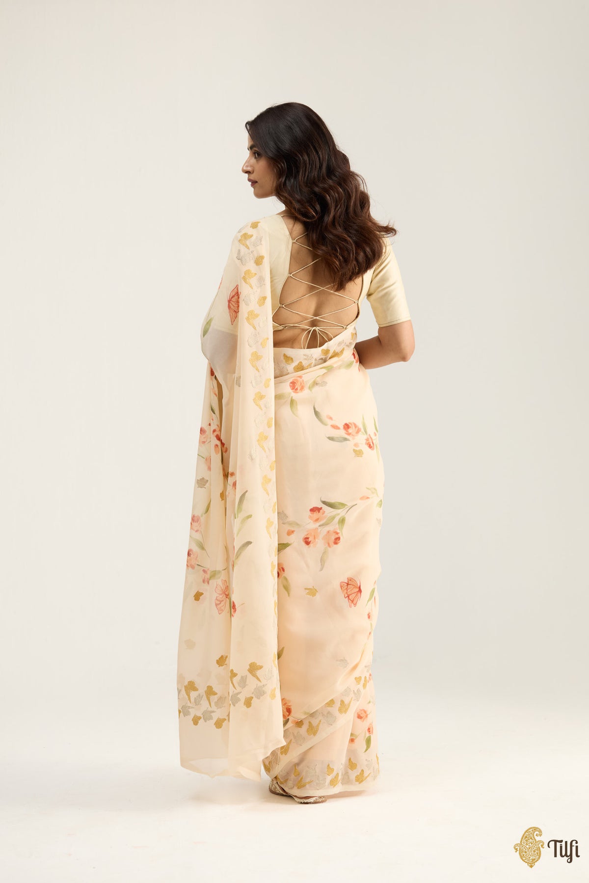 'Painted Lady' Pastel Yellow Pure Khaddi Georgette Handpainted Banarasi Handloom Saree
