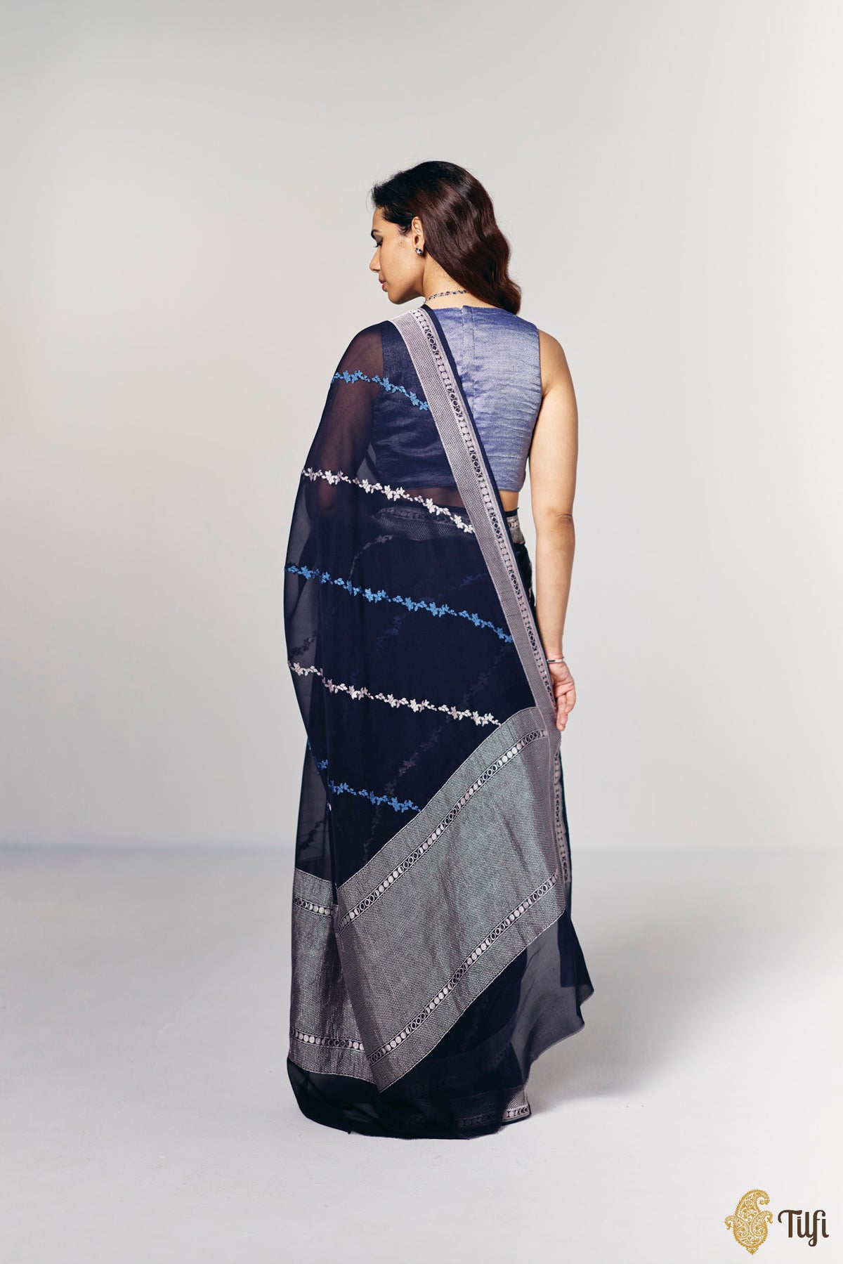 Pre-Order: 'Moods of the Moon' Deep Navy Pure Khaddi Georgette Banarasi Handloom Saree