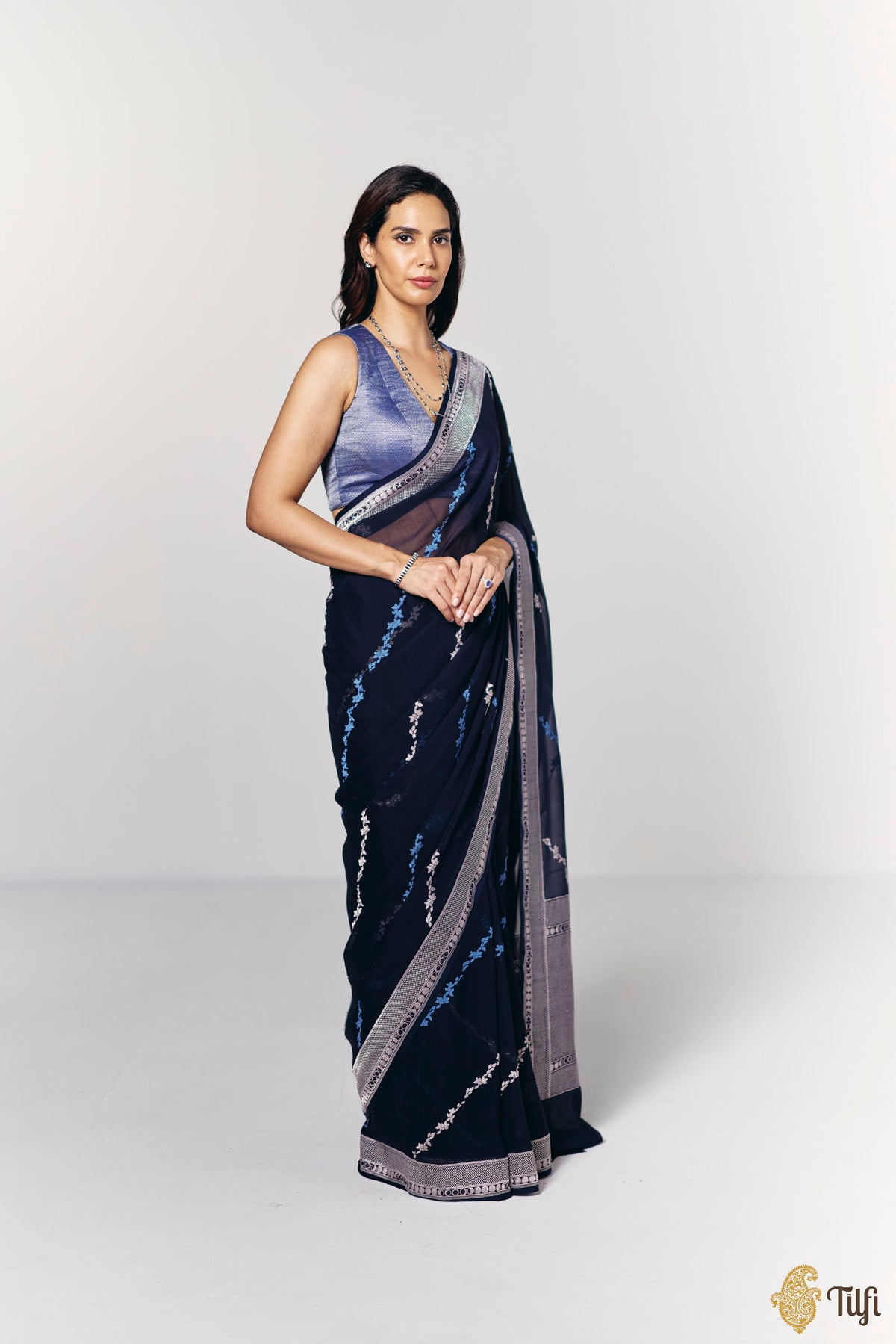 Pre-Order: 'Moods of the Moon' Deep Navy Pure Khaddi Georgette Banarasi Handloom Saree