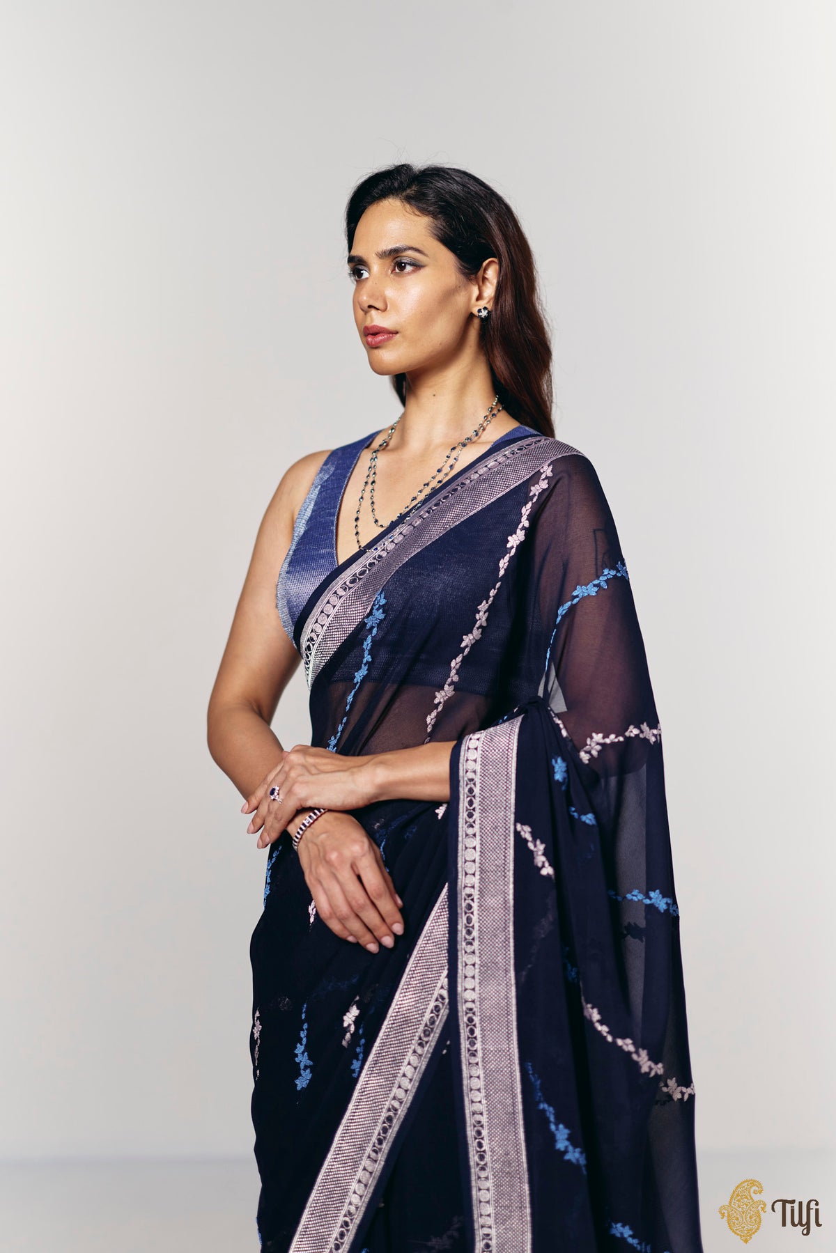 Pre-Order: 'Moods of the Moon' Deep Navy Pure Khaddi Georgette Banarasi Handloom Saree