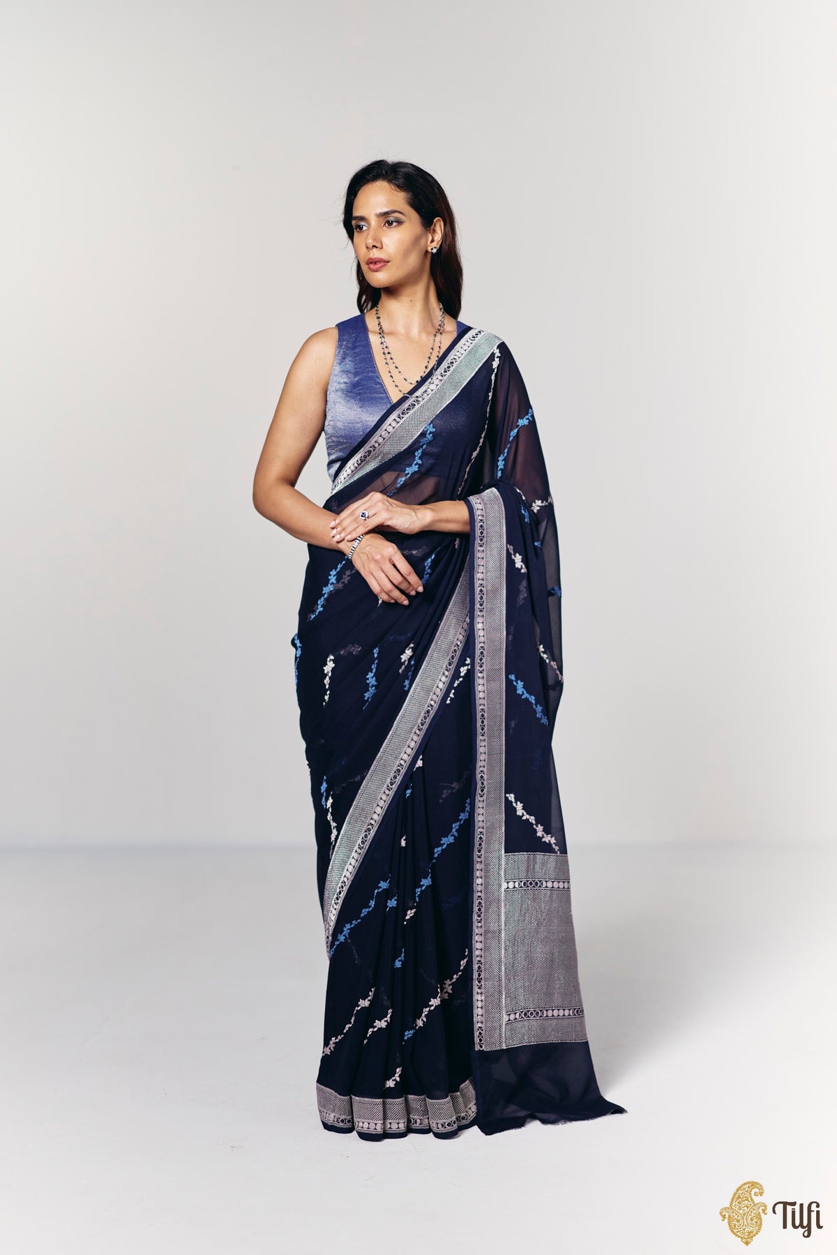 Pre-Order: 'Moods of the Moon' Deep Navy Pure Khaddi Georgette Banarasi Handloom Saree