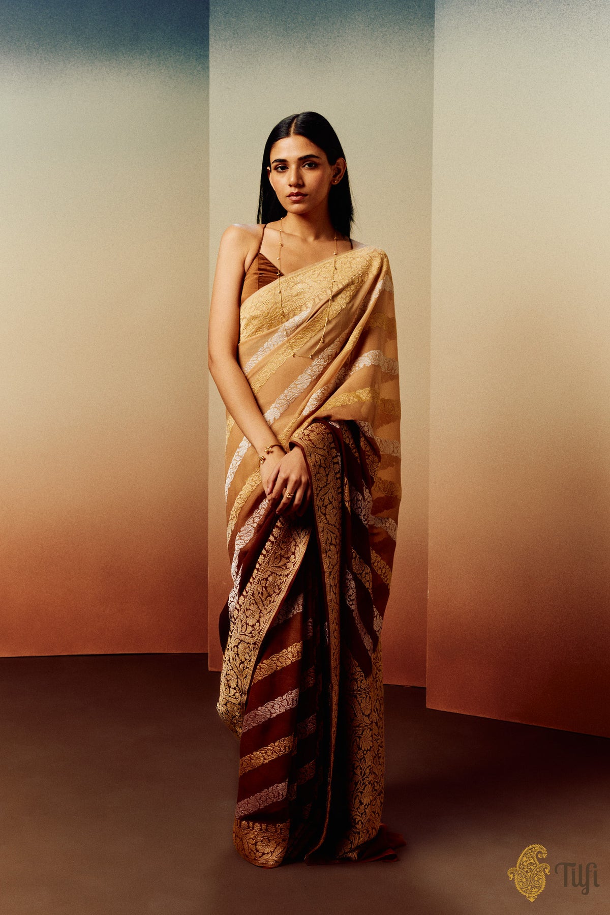 Beige-Brown Ombre Pure Khaddi Georgette Banarasi Handloom Saree