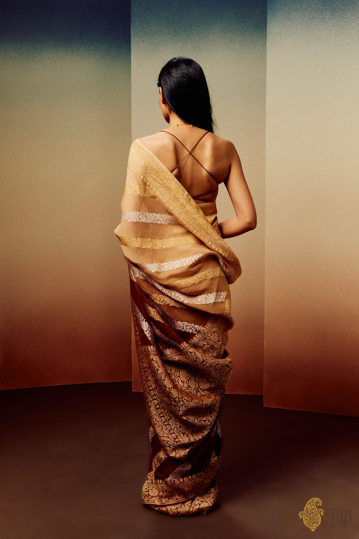 Beige-Brown Ombre Pure Khaddi Georgette Banarasi Handloom Saree