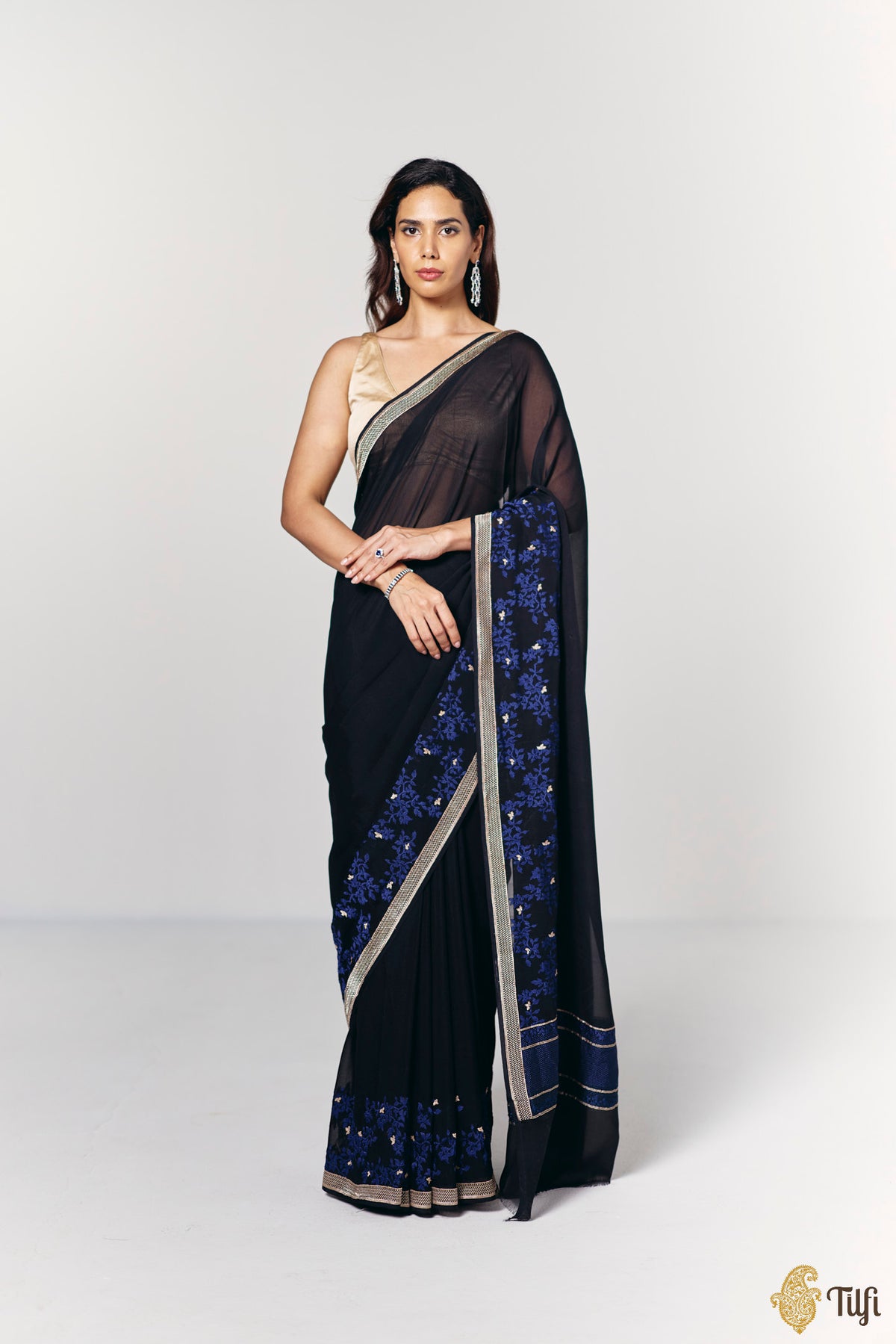 Pre-Order: 'Branches of Yasmine' Black Pure Khaddi Georgette Banarasi Handloom Saree