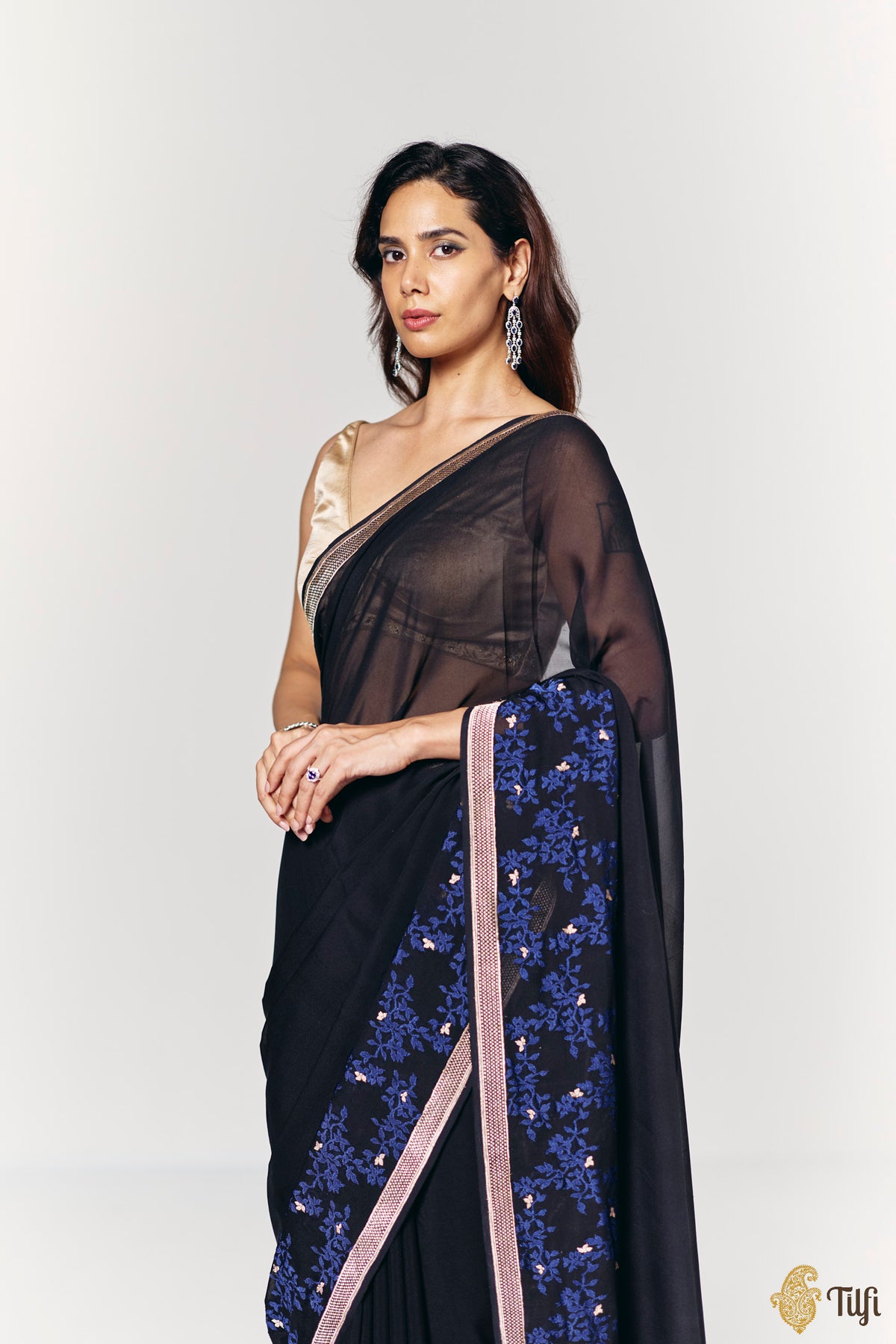 Pre-Order: 'Branches of Yasmine' Black Pure Khaddi Georgette Banarasi Handloom Saree