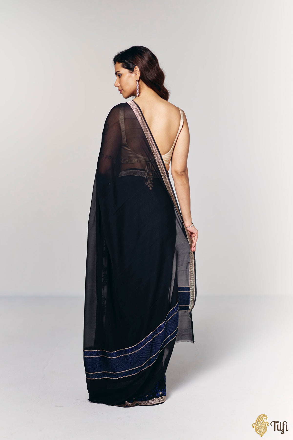 Pre-Order: 'Branches of Yasmine' Black Pure Khaddi Georgette Banarasi Handloom Saree