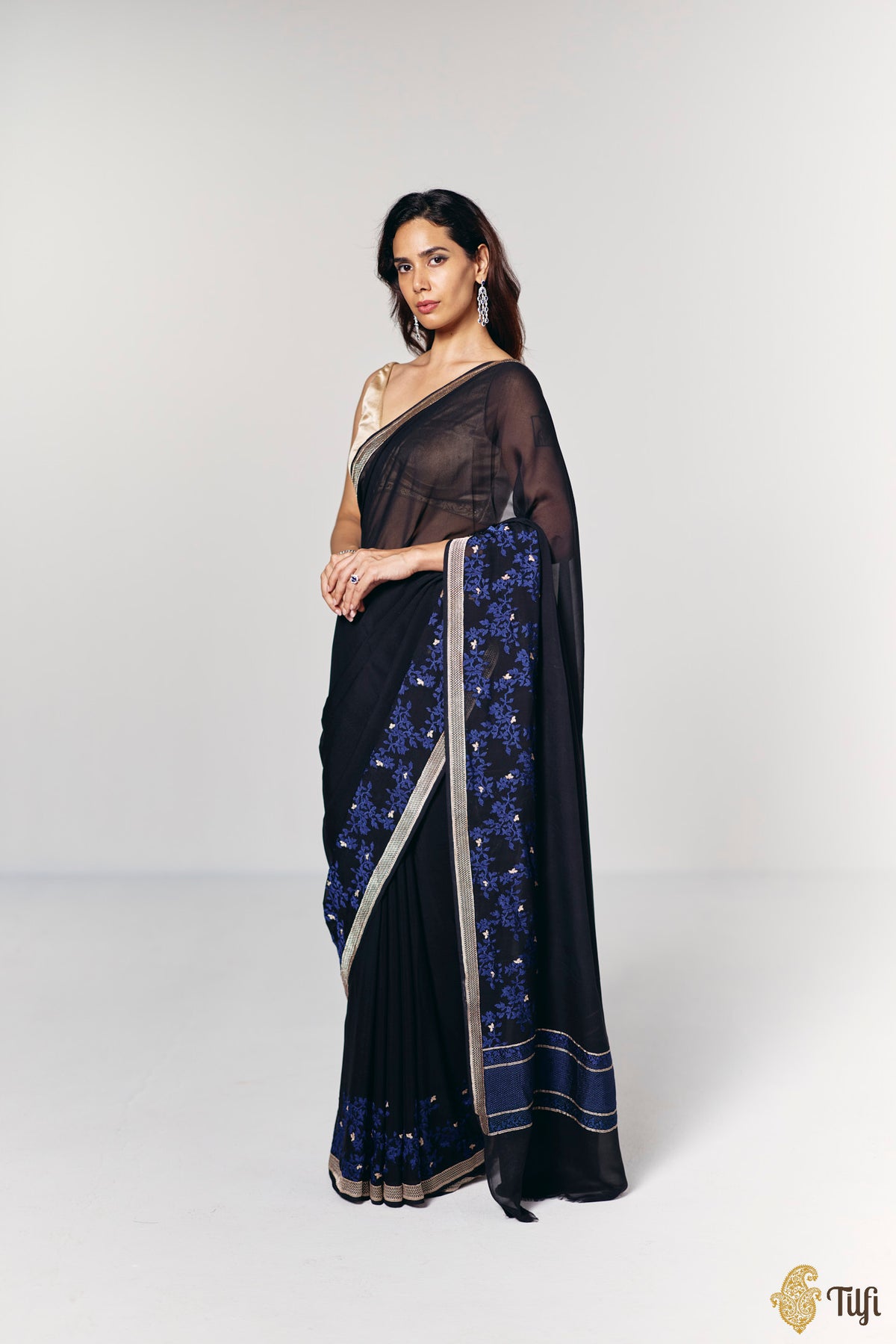 Pre-Order: 'Branches of Yasmine' Black Pure Khaddi Georgette Banarasi Handloom Saree