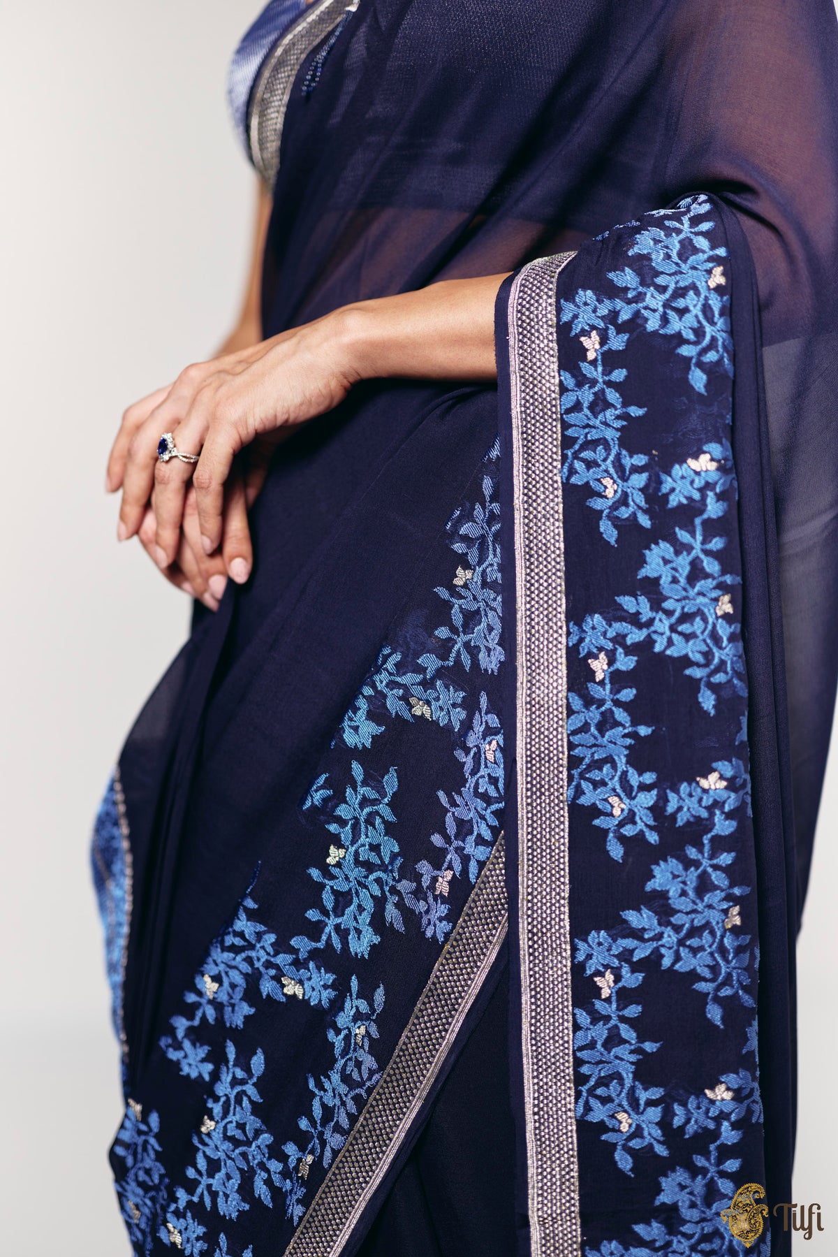 Pre-Order: 'Branches of Yasmine' Deep Navy Pure Khaddi Georgette Banarasi Handloom Saree
