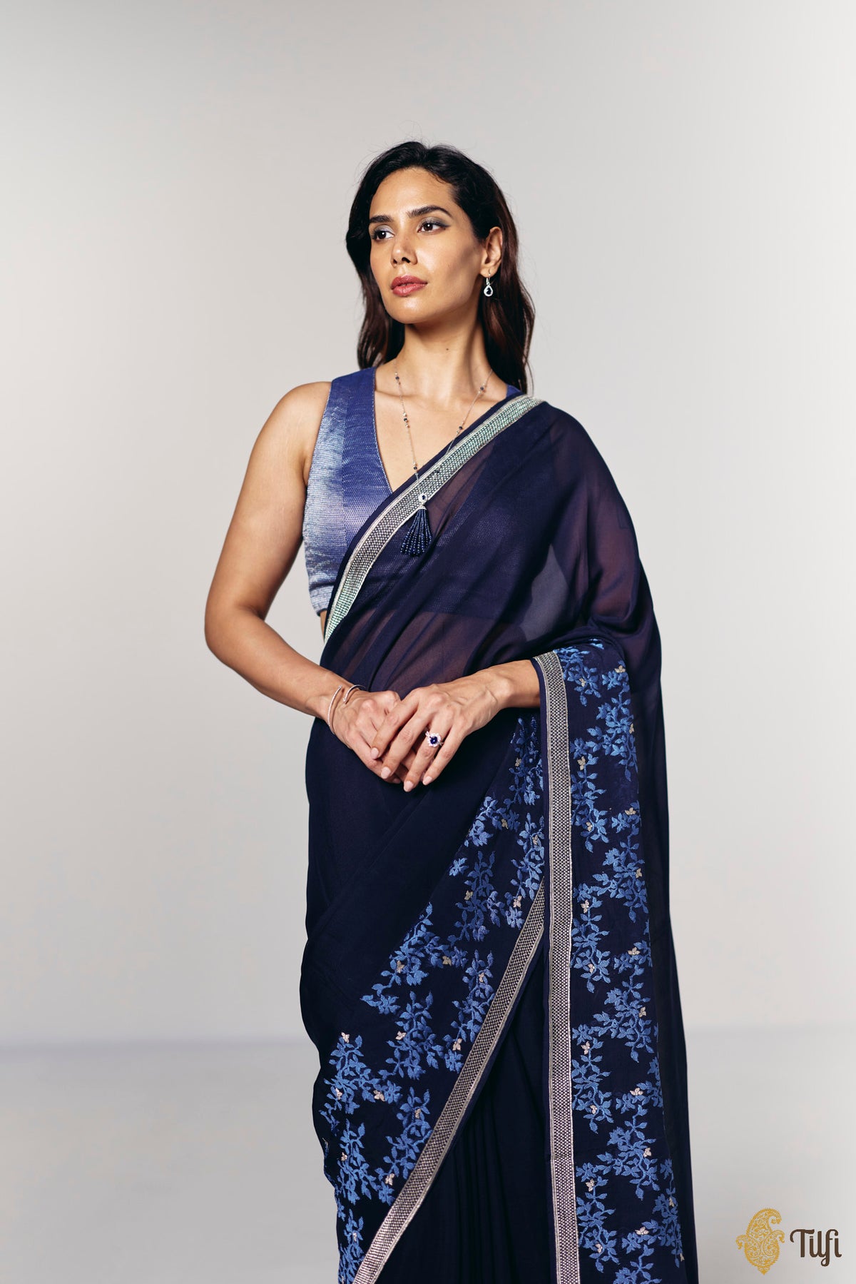 Pre-Order: 'Branches of Yasmine' Deep Navy Pure Khaddi Georgette Banarasi Handloom Saree