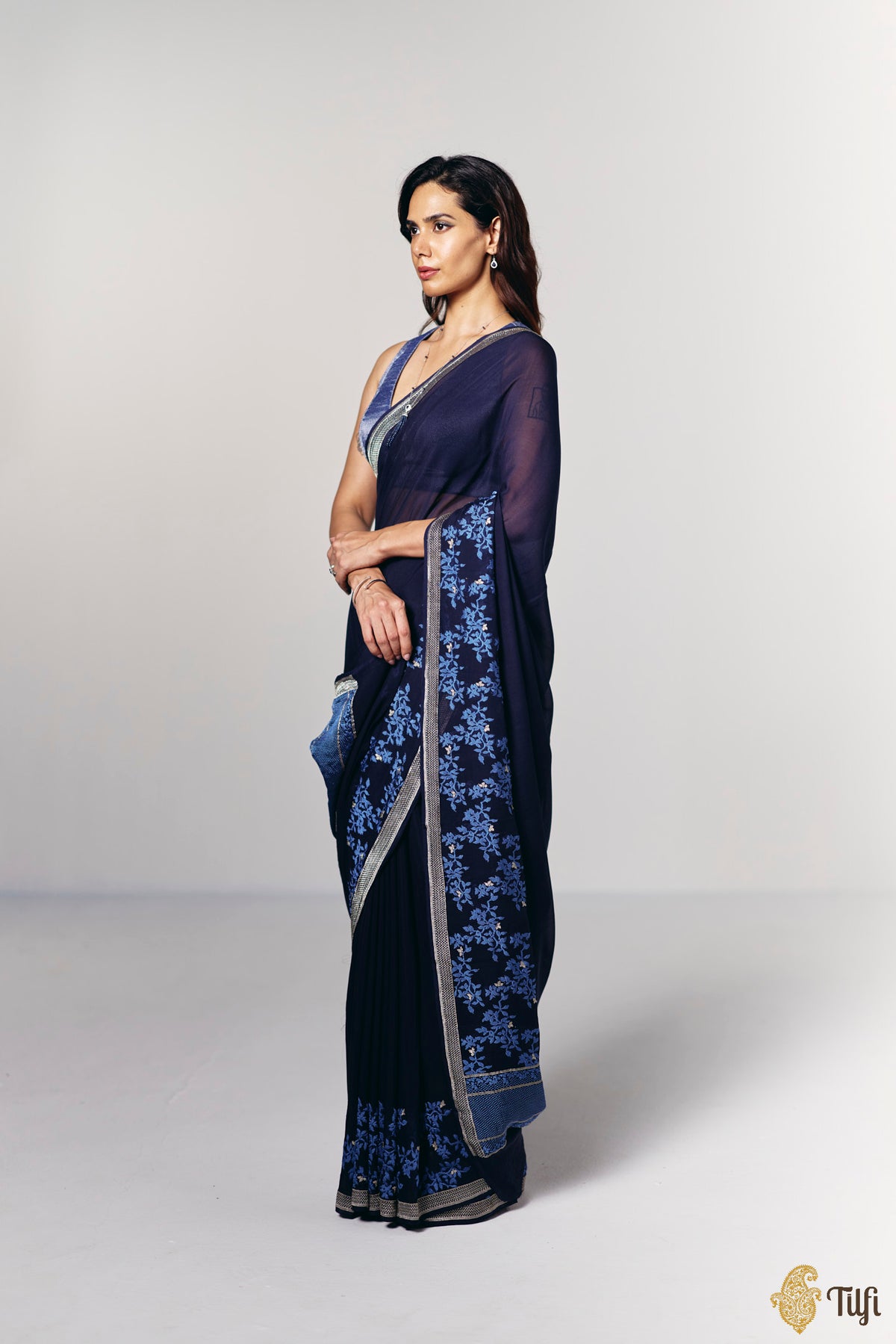 Pre-Order: 'Branches of Yasmine' Deep Navy Pure Khaddi Georgette Banarasi Handloom Saree