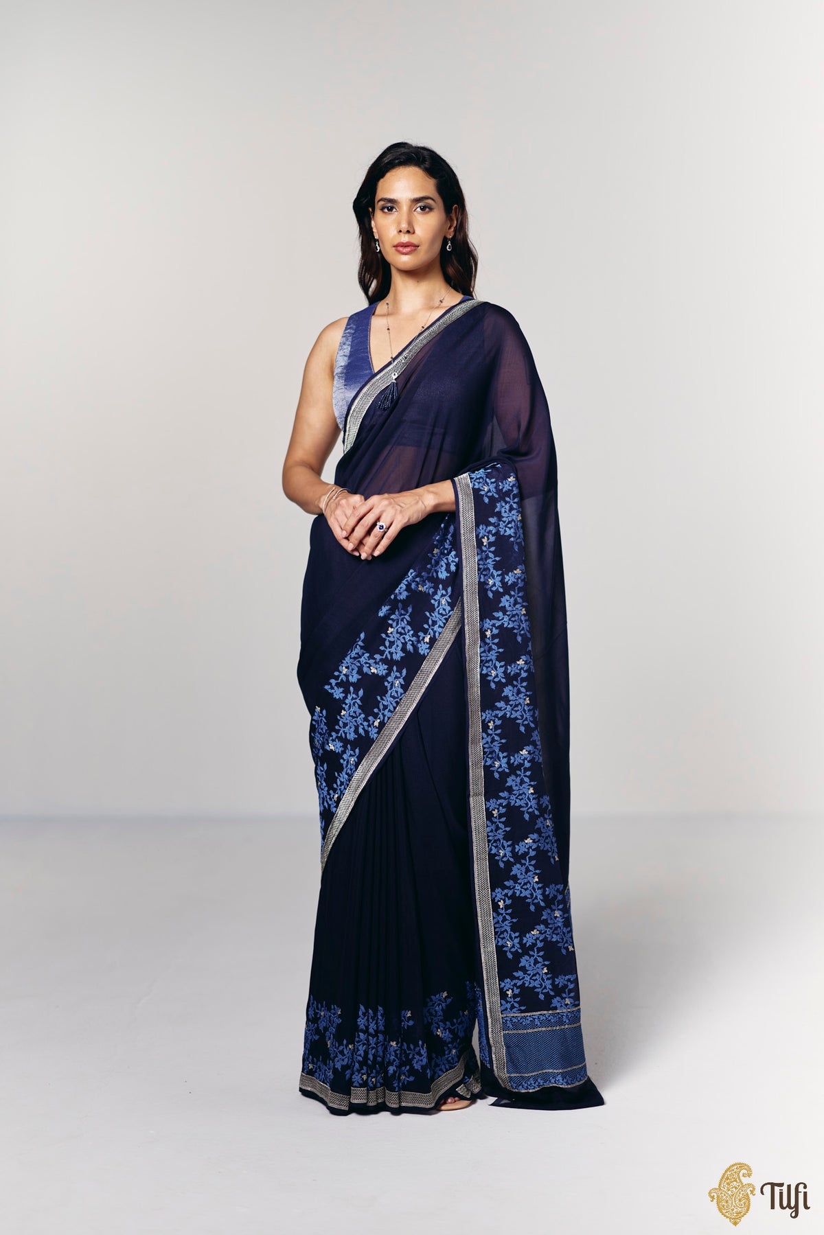 Pre-Order: 'Branches of Yasmine' Deep Navy Pure Khaddi Georgette Banarasi Handloom Saree