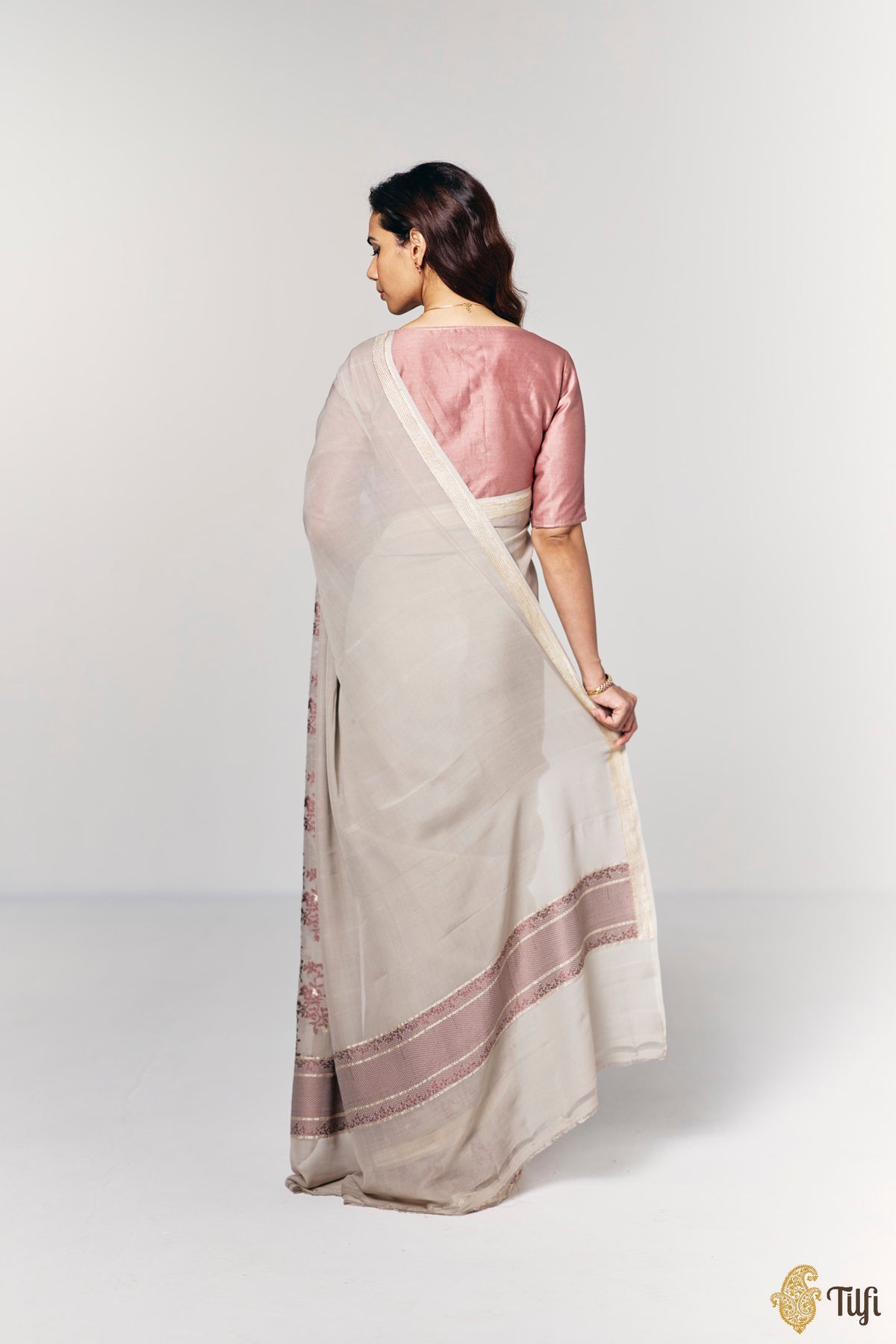 Pre-Order: 'Branches of Yasmine' Taupe Grey Pure Khaddi Georgette Banarasi Handloom Saree