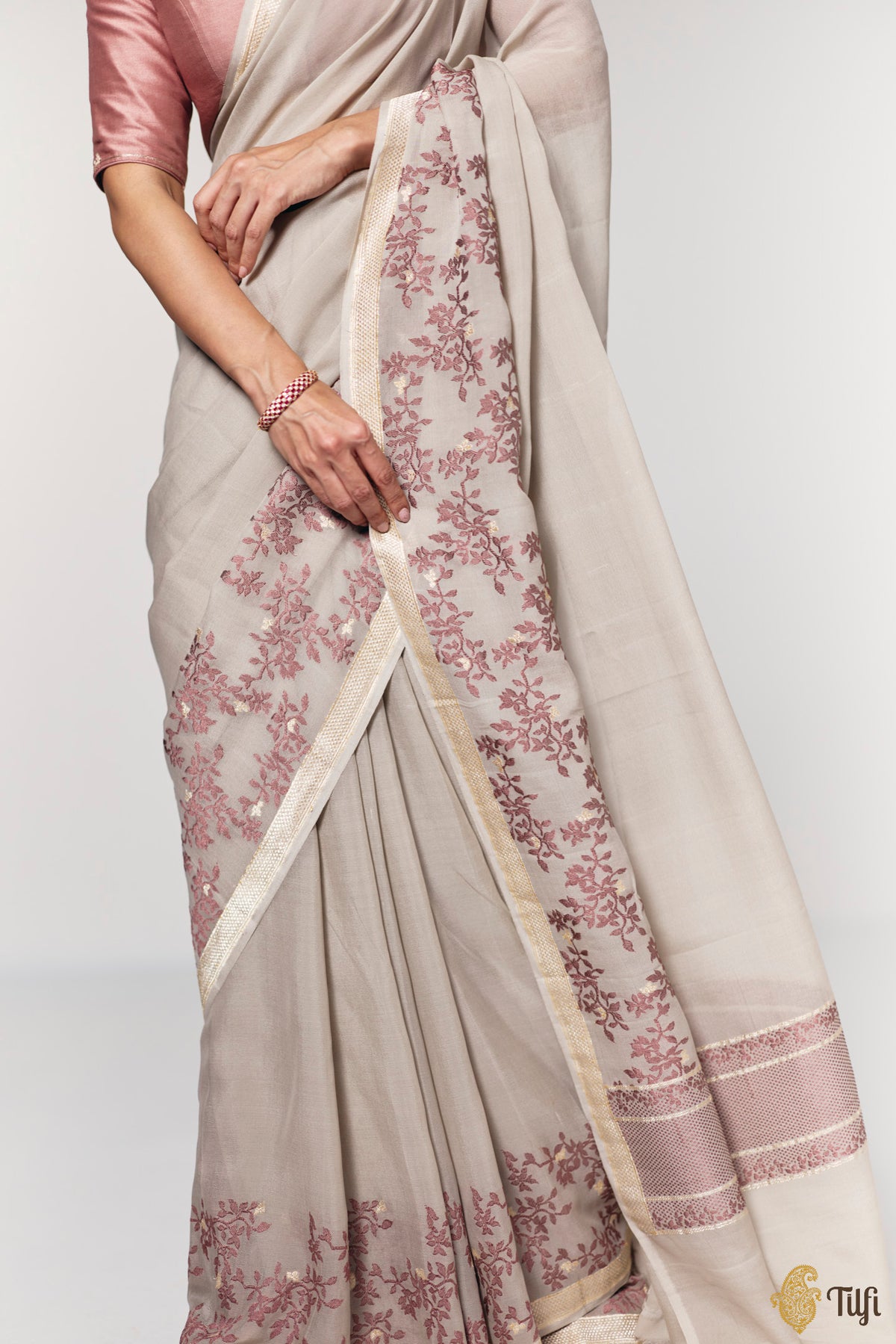Pre-Order: 'Branches of Yasmine' Taupe Grey Pure Khaddi Georgette Banarasi Handloom Saree
