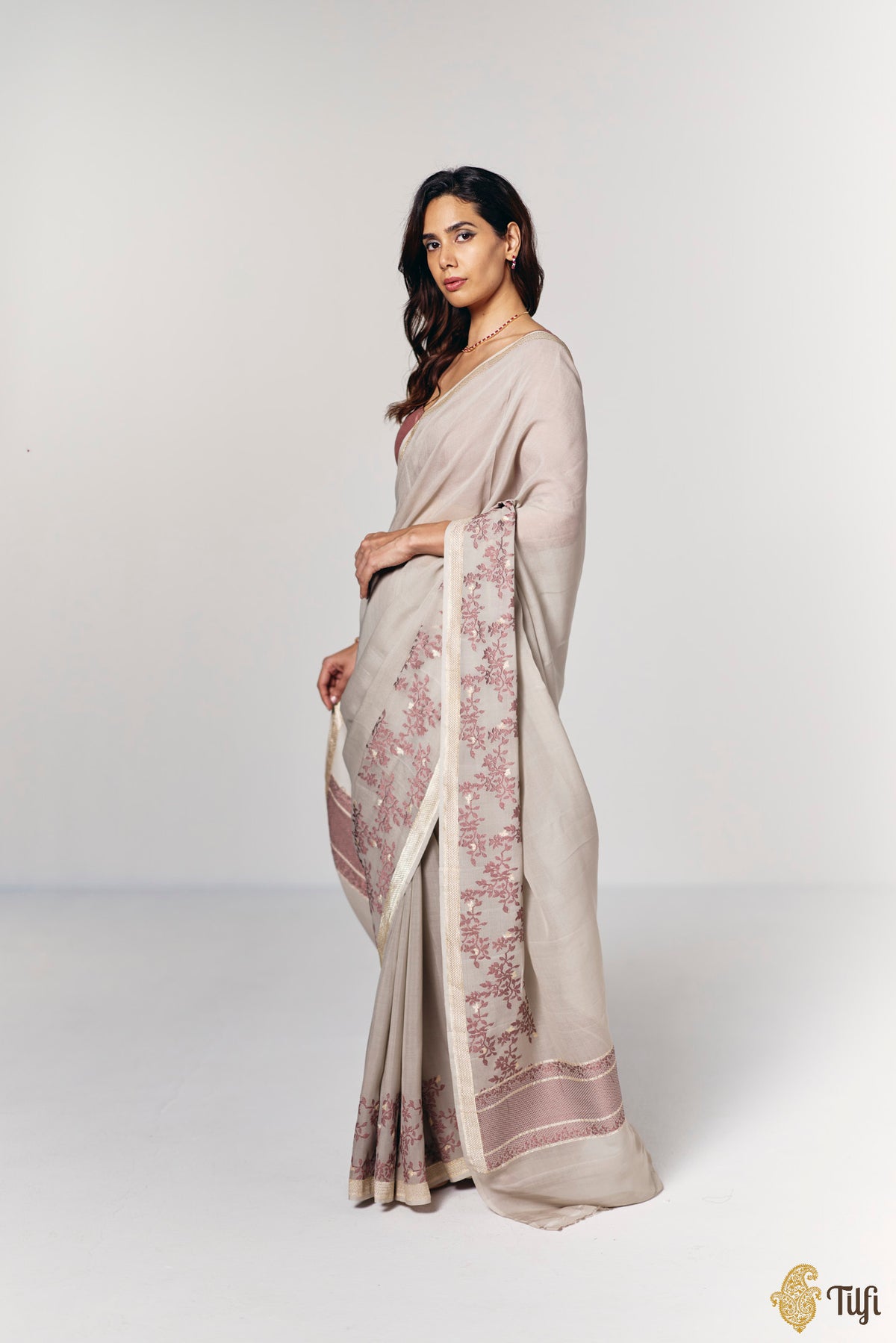Pre-Order: 'Branches of Yasmine' Taupe Grey Pure Khaddi Georgette Banarasi Handloom Saree