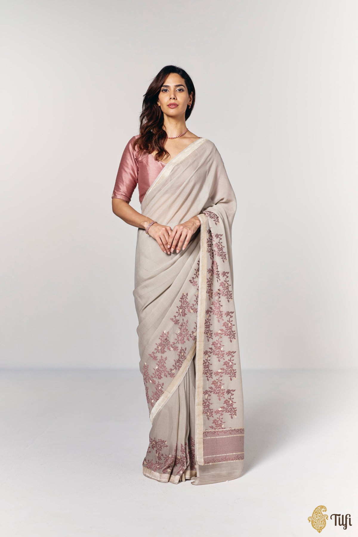 Pre-Order: 'Branches of Yasmine' Taupe Grey Pure Khaddi Georgette Banarasi Handloom Saree