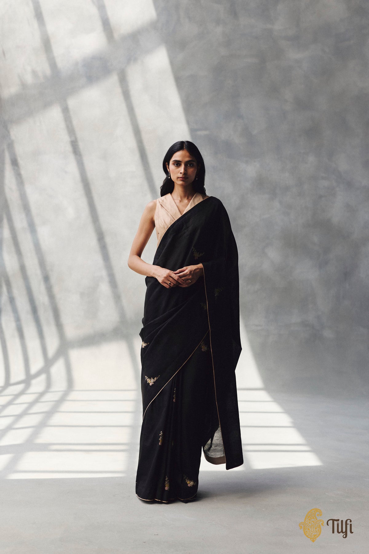 Pre-Order: 'Nilima' Black Pure Cotton Linen Banarasi Handloom Saree