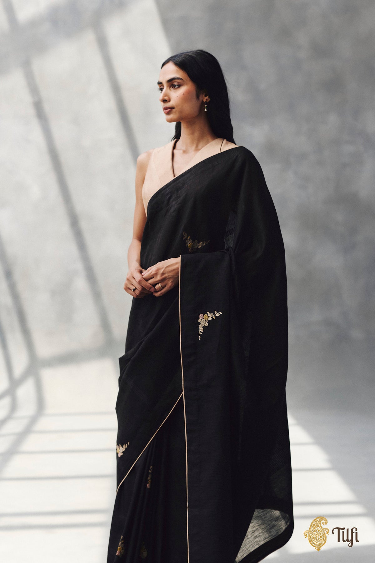 Pre-Order: 'Nilima' Black Pure Cotton Linen Banarasi Handloom Saree