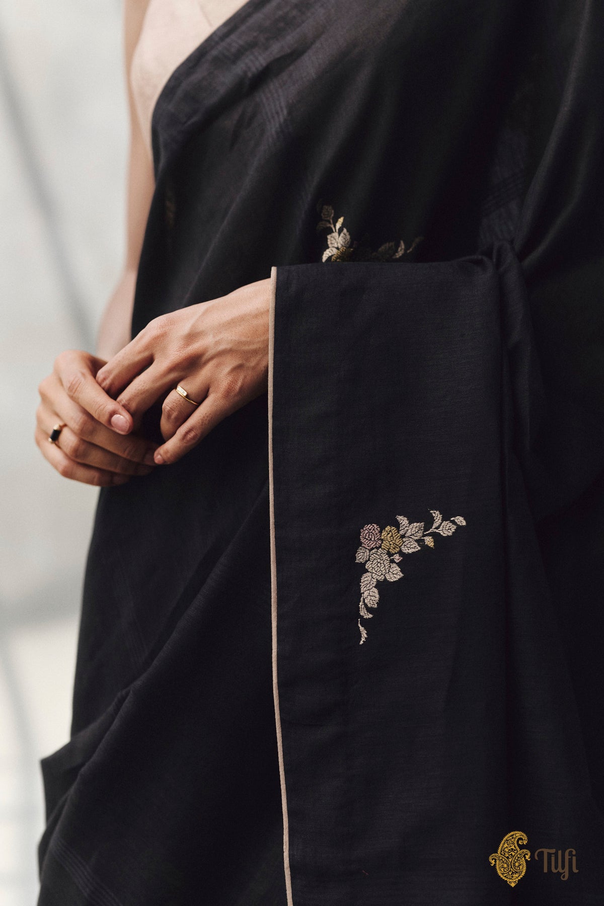 Pre-Order: 'Nilima' Black Pure Cotton Linen Banarasi Handloom Saree