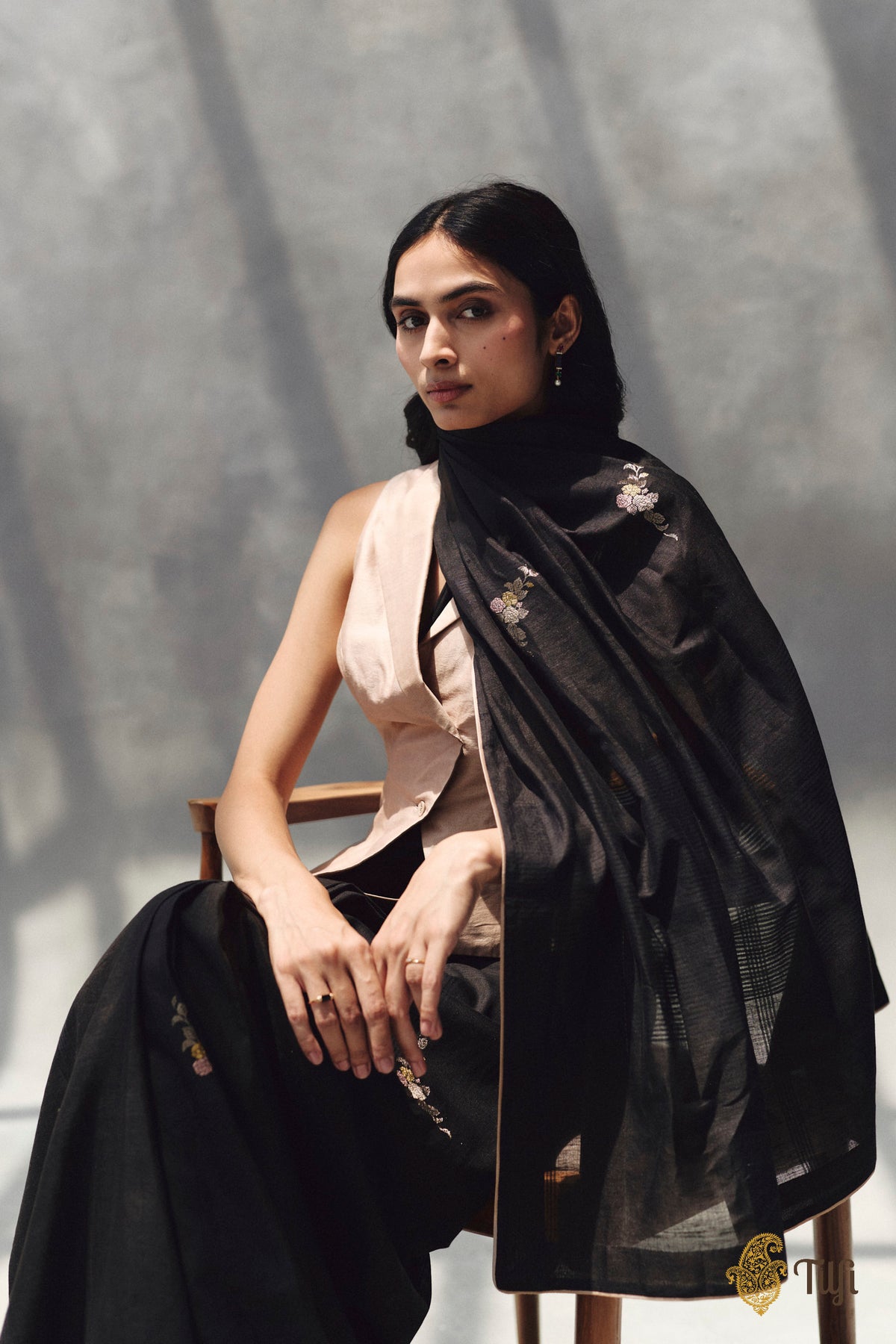 Pre-Order: 'Nilima' Black Pure Cotton Linen Banarasi Handloom Saree