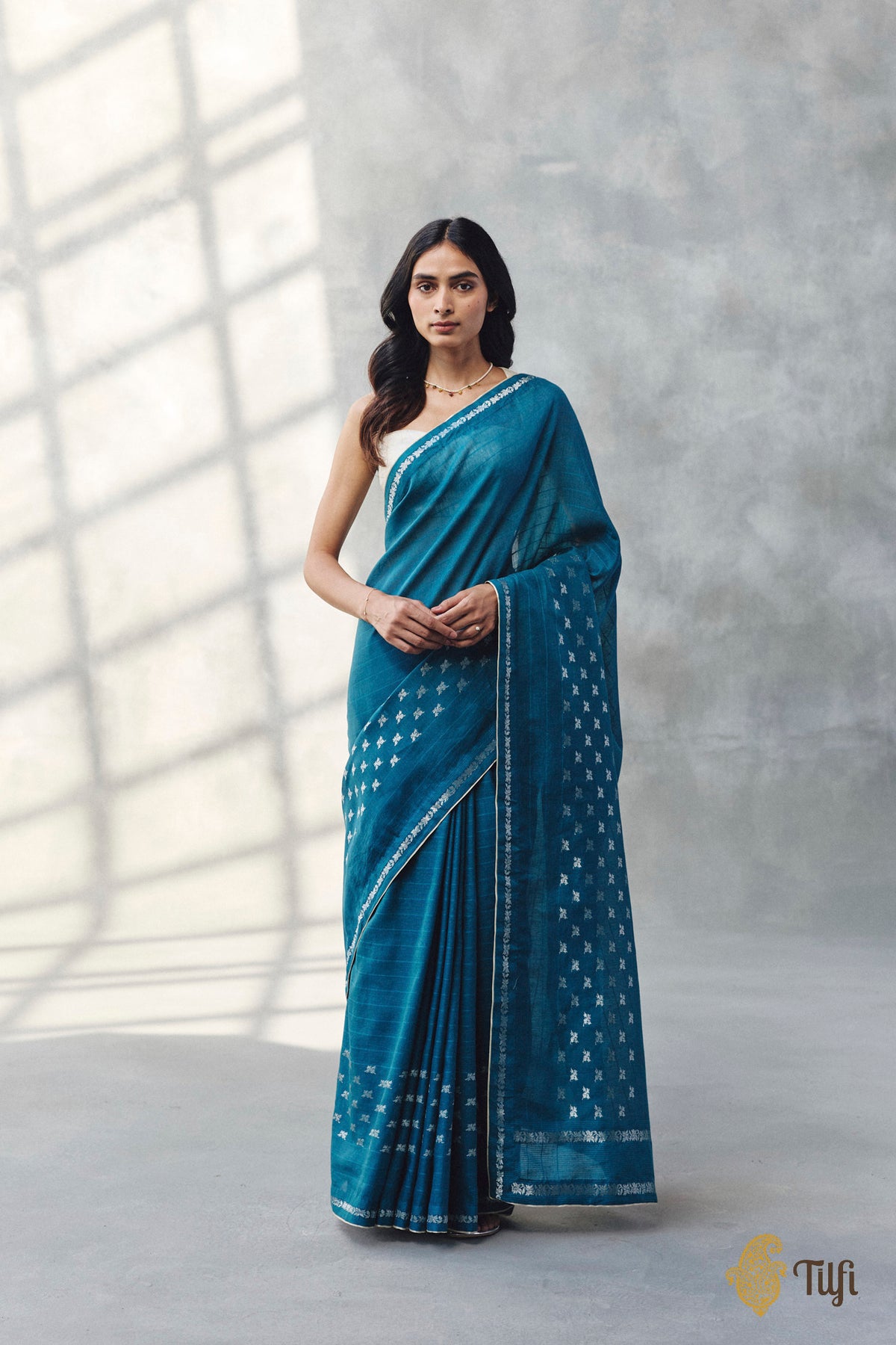 Pre-Order: 'Amrita' Teal Blue Pure Cotton Linen Banarasi Handloom Saree
