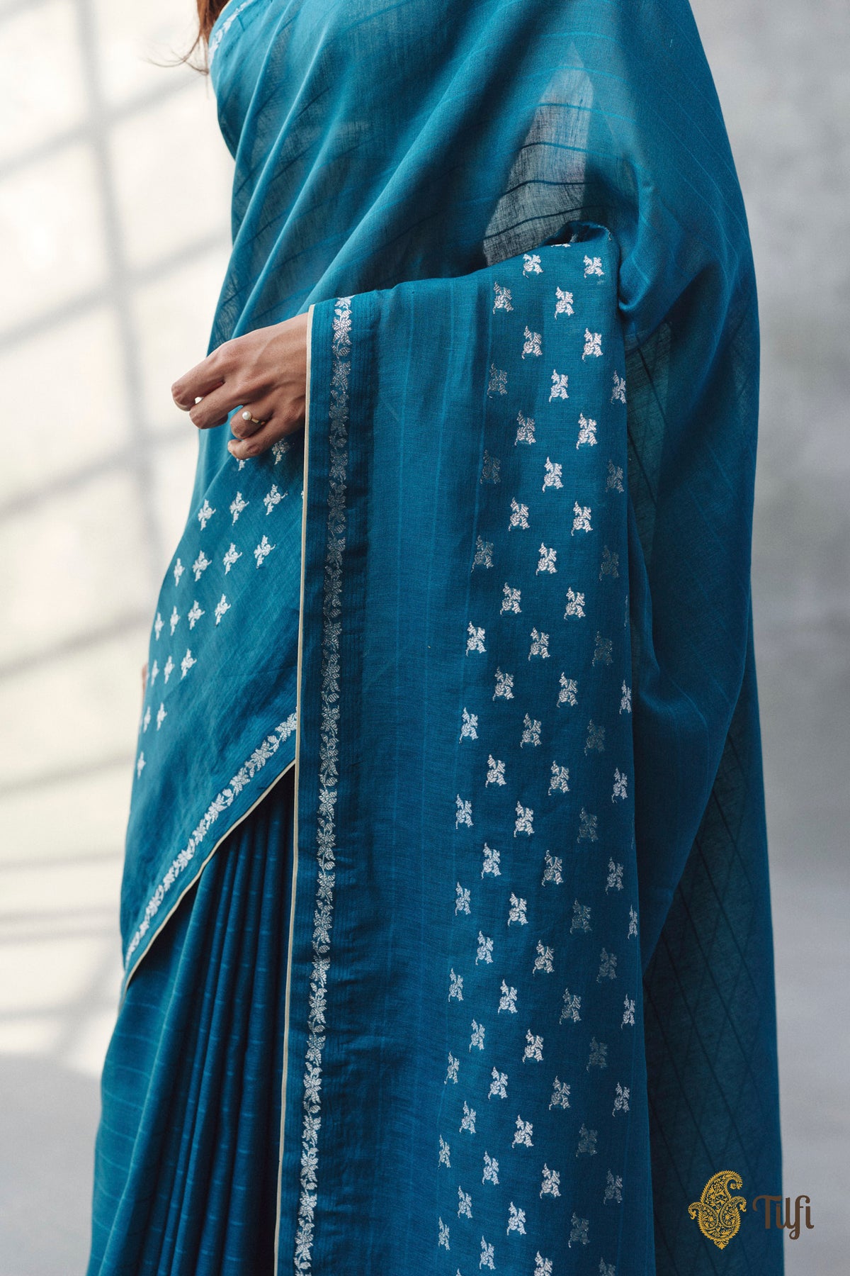 Pre-Order: 'Amrita' Teal Blue Pure Cotton Linen Banarasi Handloom Saree