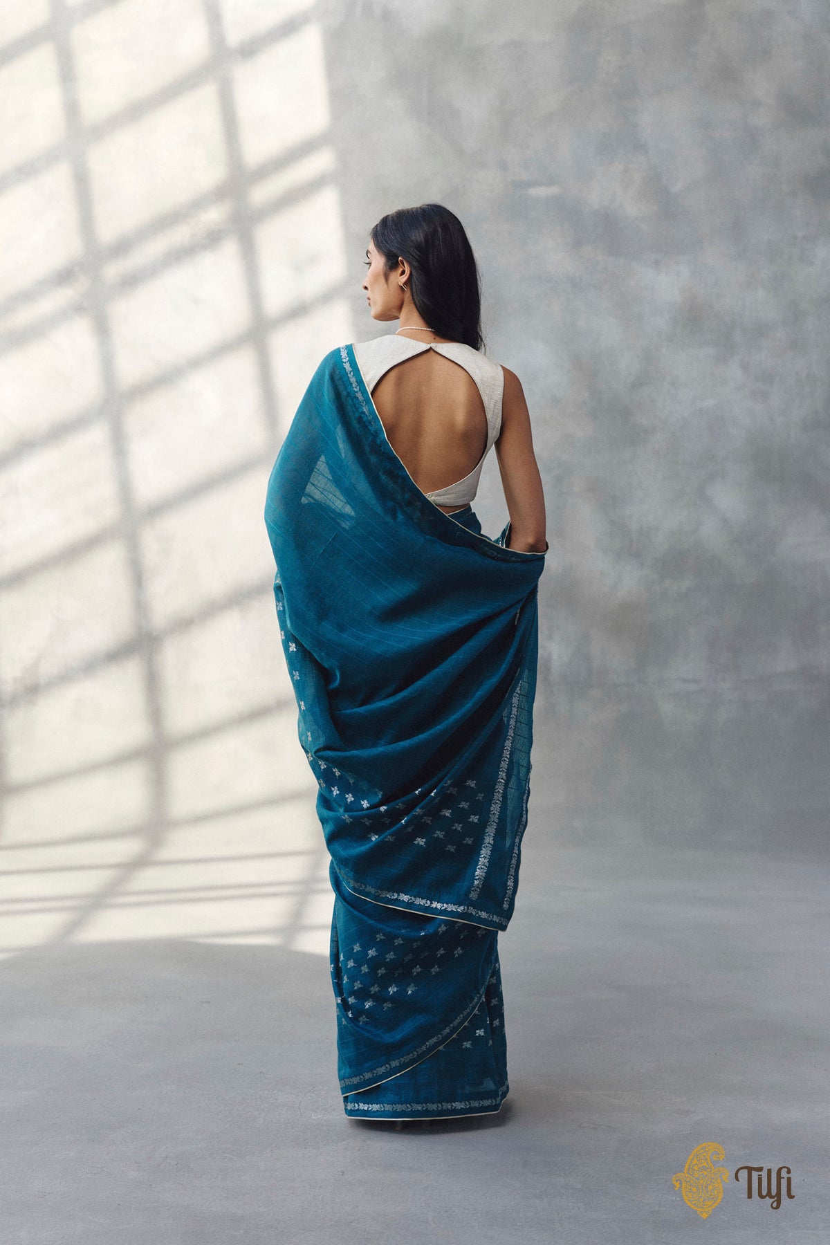Pre-Order: 'Amrita' Teal Blue Pure Cotton Linen Banarasi Handloom Saree