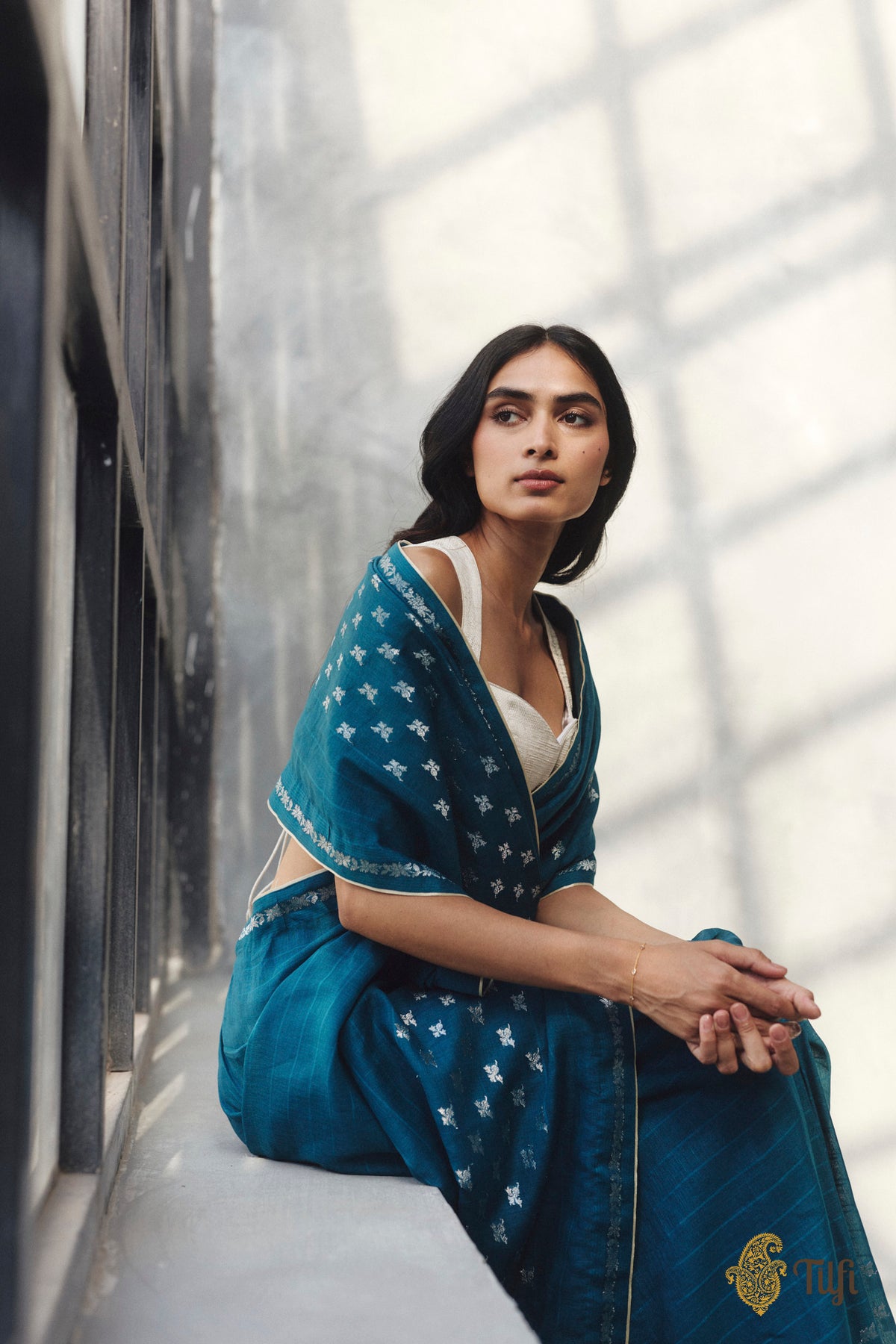 Pre-Order: 'Amrita' Teal Blue Pure Cotton Linen Banarasi Handloom Saree