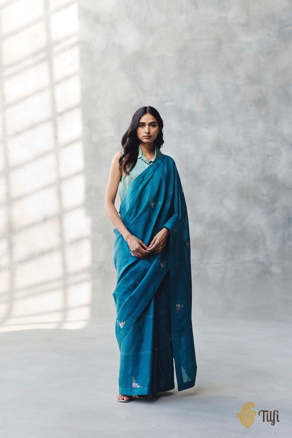 'Nilima' Teal Blue Pure Cotton Linen Banarasi Handloom Saree