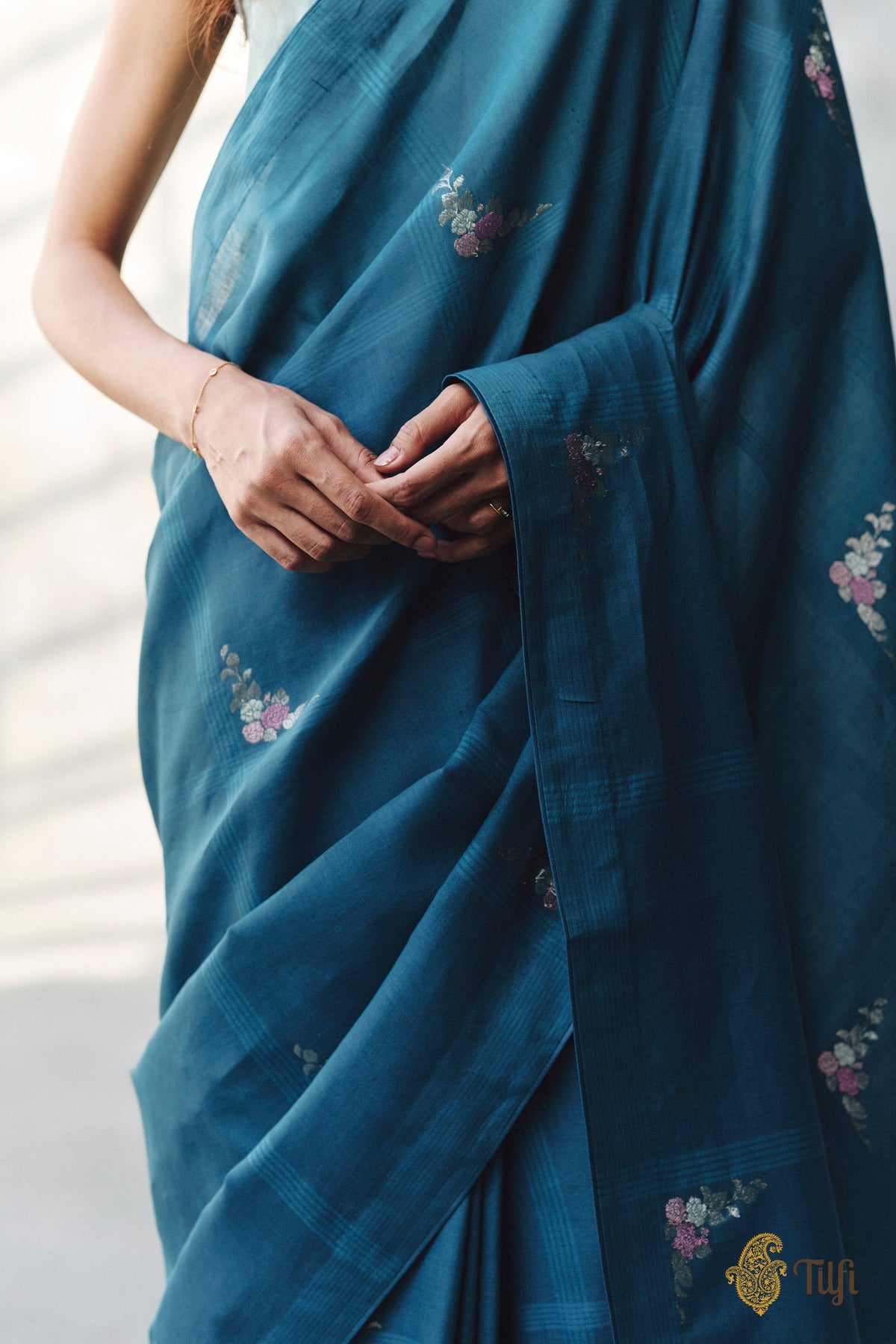 'Nilima' Teal Blue Pure Cotton Linen Banarasi Handloom Saree