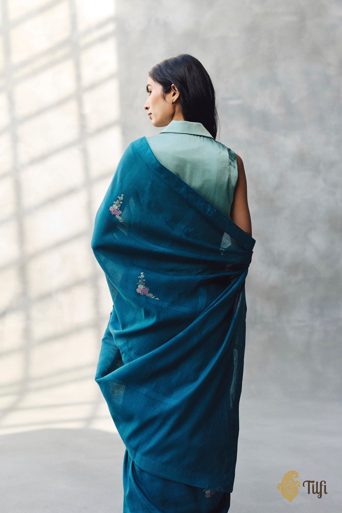 'Nilima' Teal Blue Pure Cotton Linen Banarasi Handloom Saree