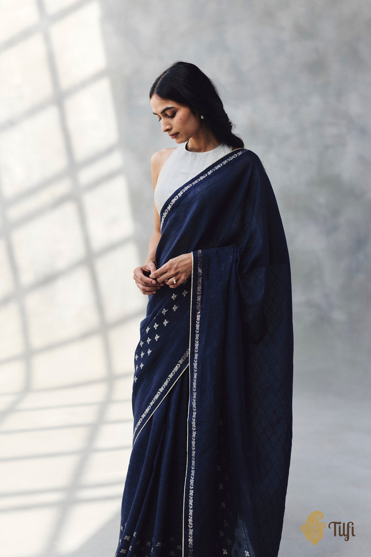 'Amrita' Navy Blue Pure Cotton Linen Banarasi Handloom Saree