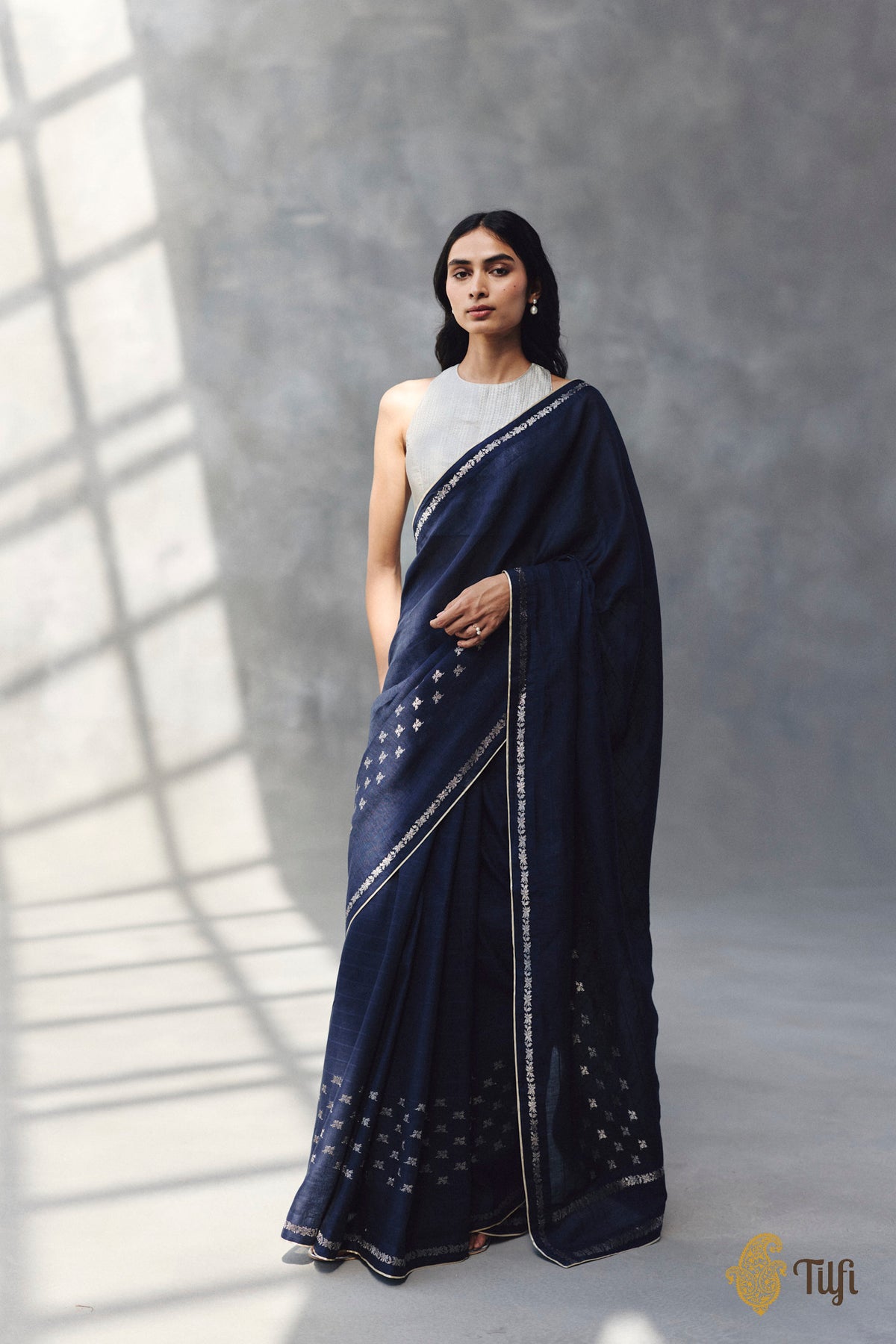 'Amrita' Navy Blue Pure Cotton Linen Banarasi Handloom Saree