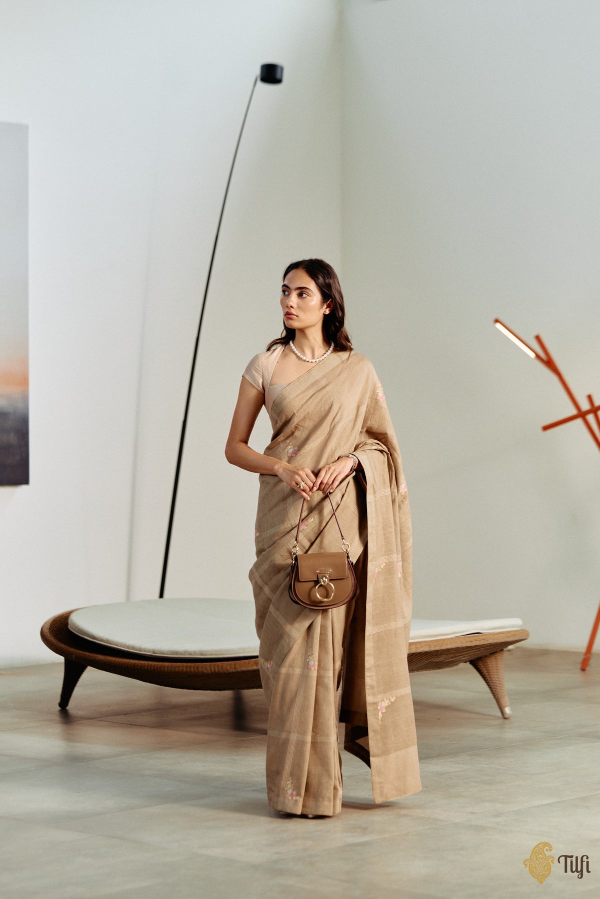 'Nilima' Beige-Brown Pure Cotton Linen Banarasi Handloom Saree