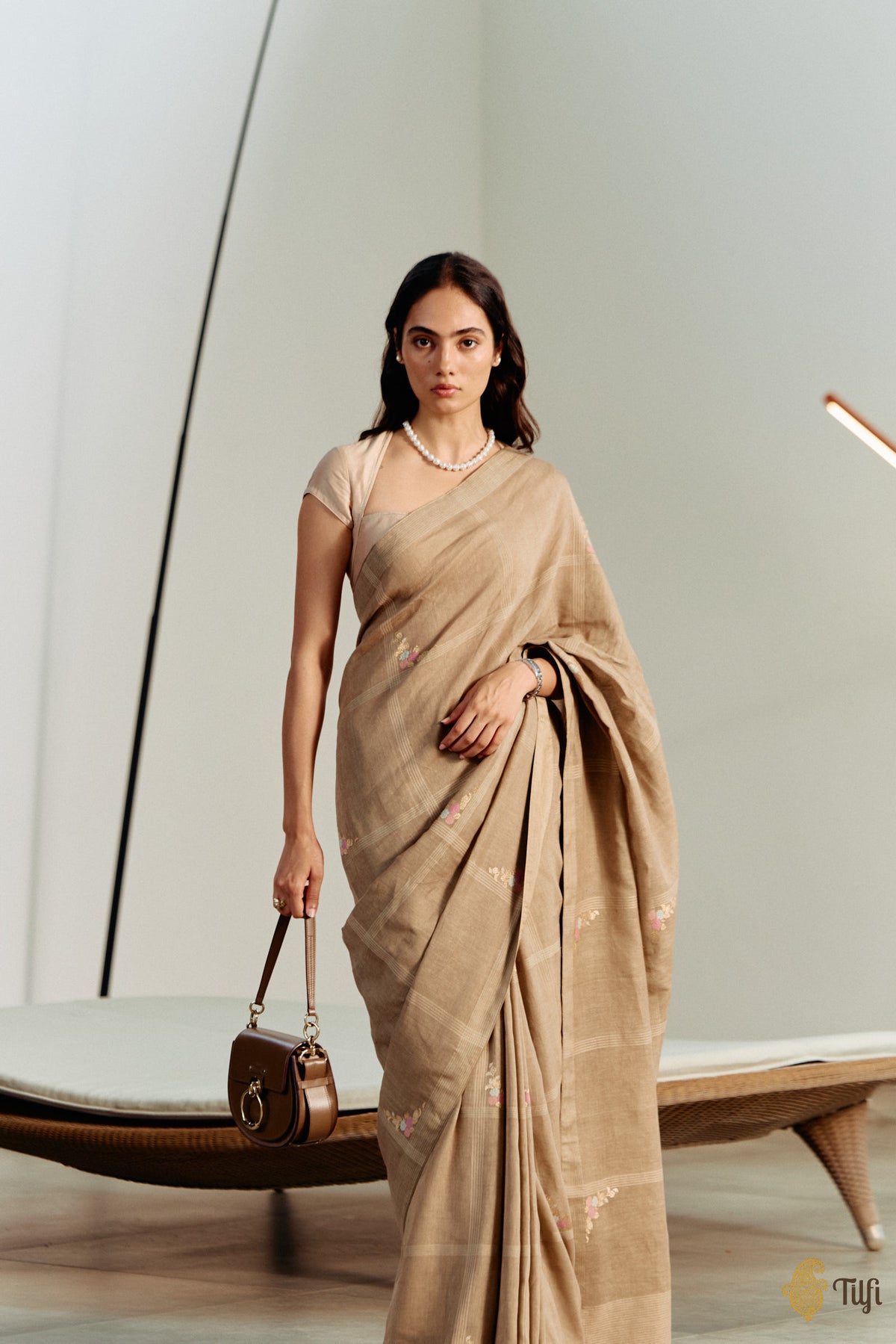 'Nilima' Beige-Brown Pure Cotton Linen Banarasi Handloom Saree