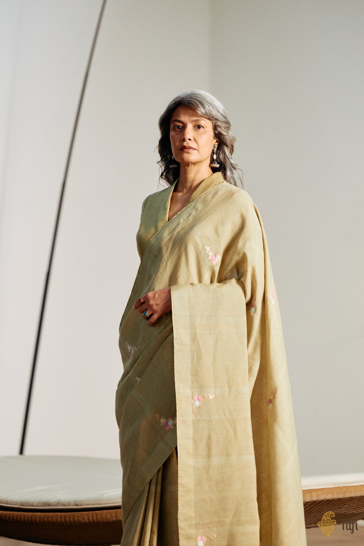 'Nilima' Sage Pure Cotton Linen Banarasi Handloom Saree